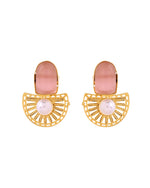 Thumbnail for VOJ Gold Plated Pink Stone And Pearl Dome Shaped Studs Earrings - Dista