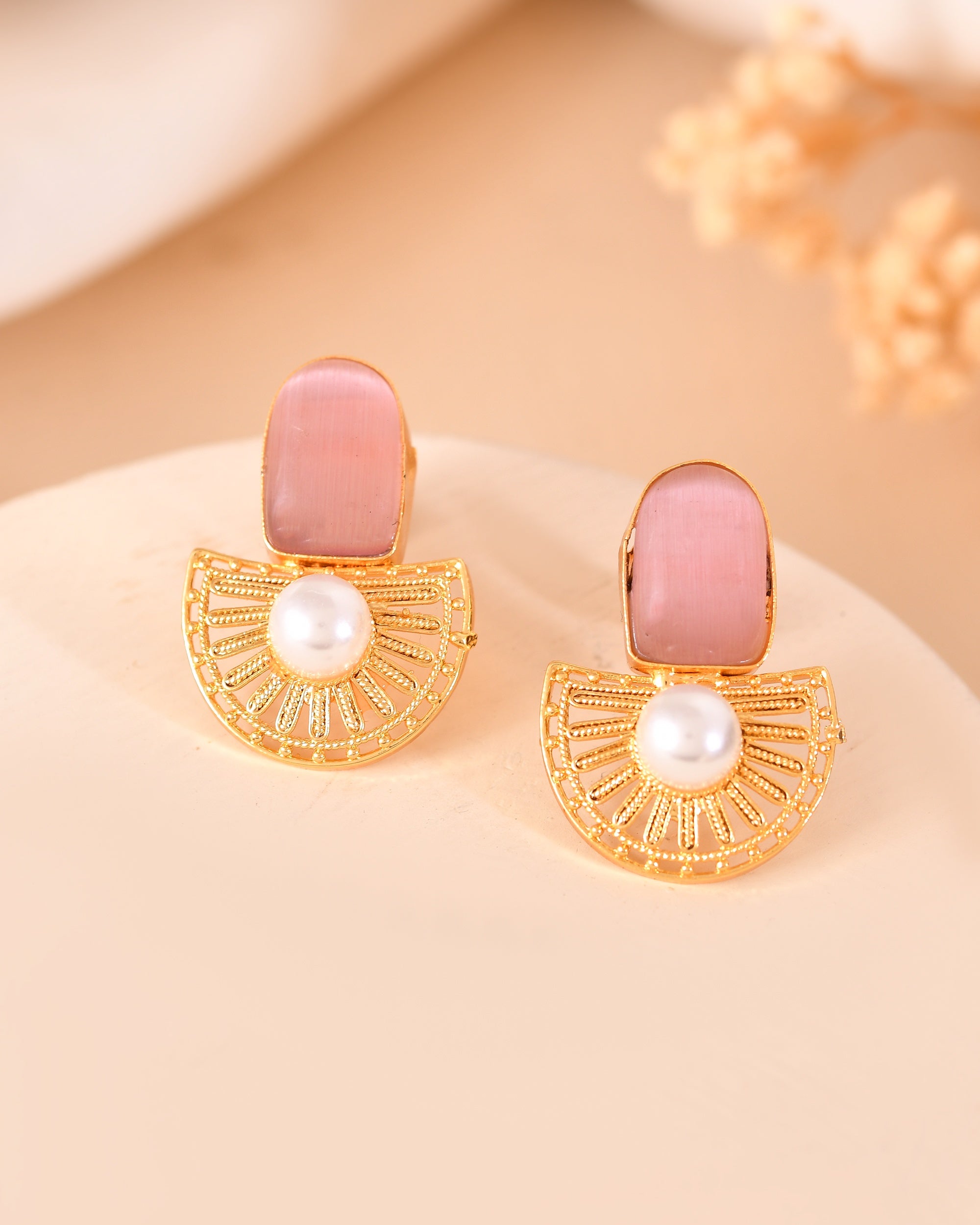 VOJ Gold Plated Pink Stone And Pearl Dome Shaped Studs Earrings