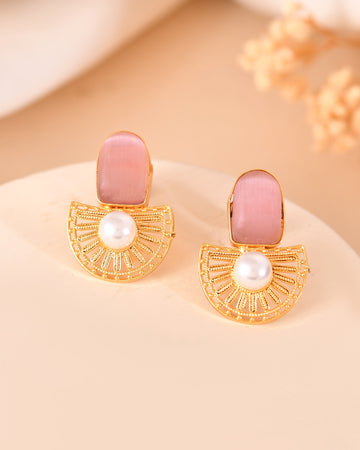 VOJ Gold Plated Pink Stone And Pearl Dome Shaped Studs Earrings - Dista