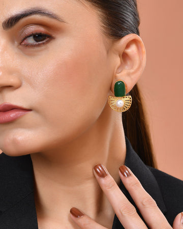 VOJ Gold Plated Green Stone And Pearl Dome Shaped Studs Earrings - Dista