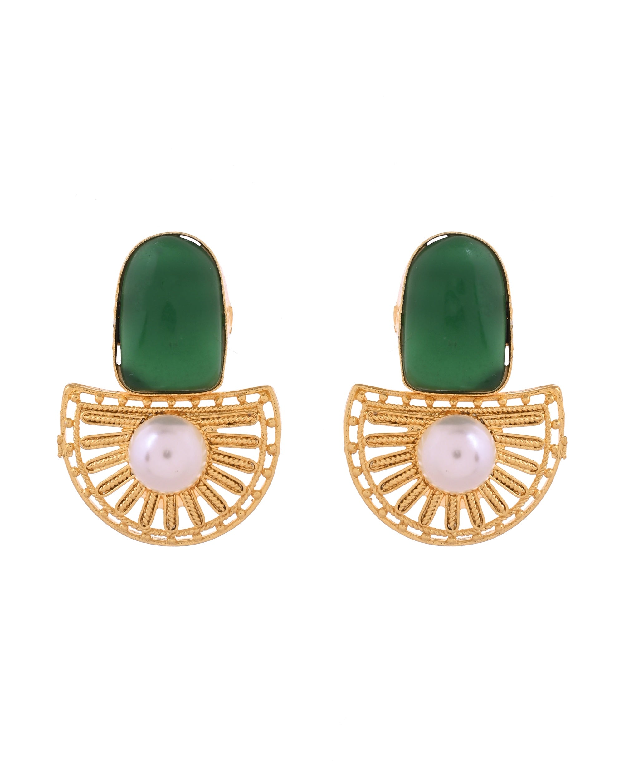 VOJ Gold Plated Green Stone And Pearl Dome Shaped Studs Earrings - Dista