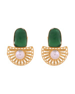 Thumbnail for VOJ Gold Plated Green Stone And Pearl Dome Shaped Studs Earrings - Dista