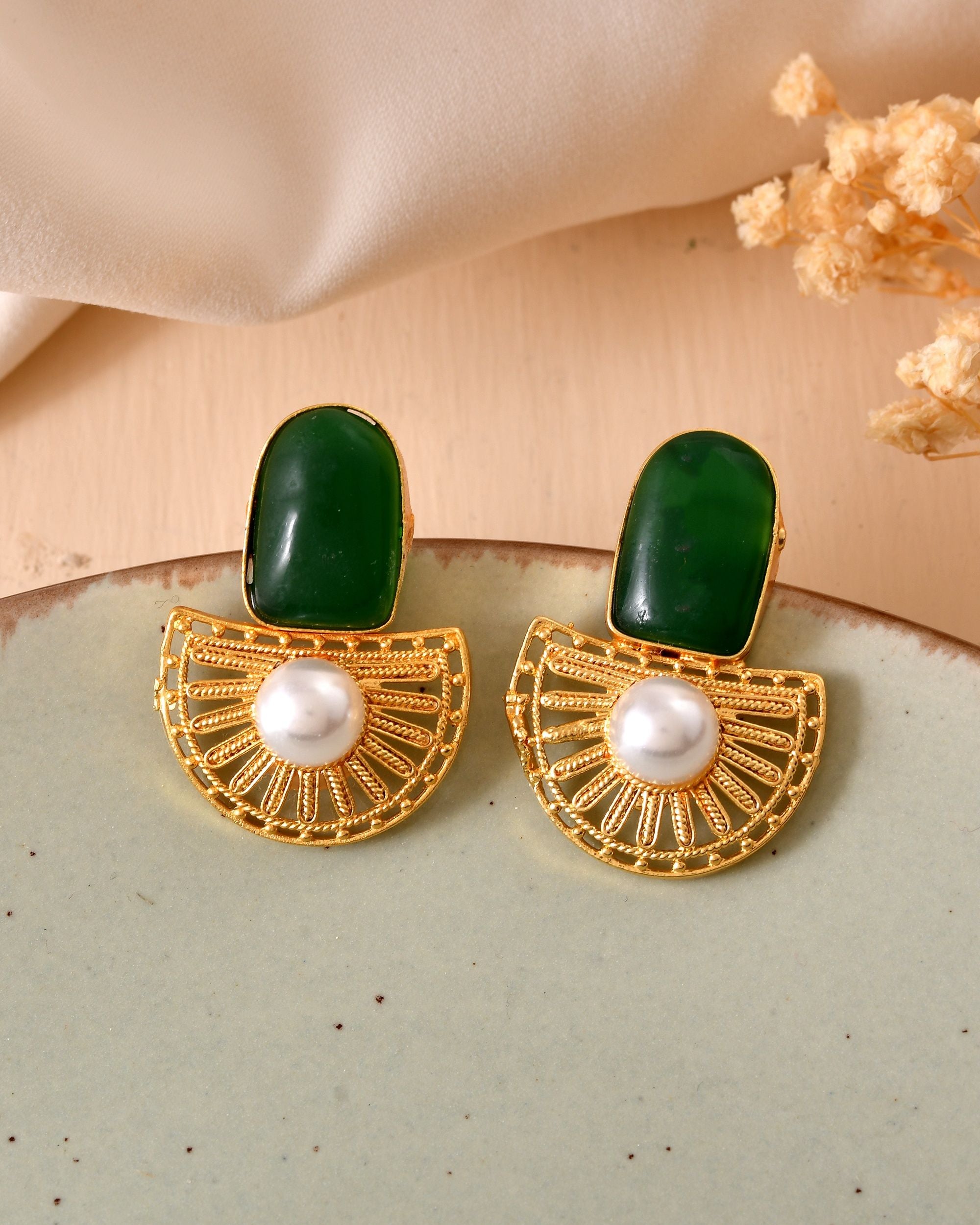 VOJ Gold Plated Green Stone And Pearl Dome Shaped Studs Earrings - Dista