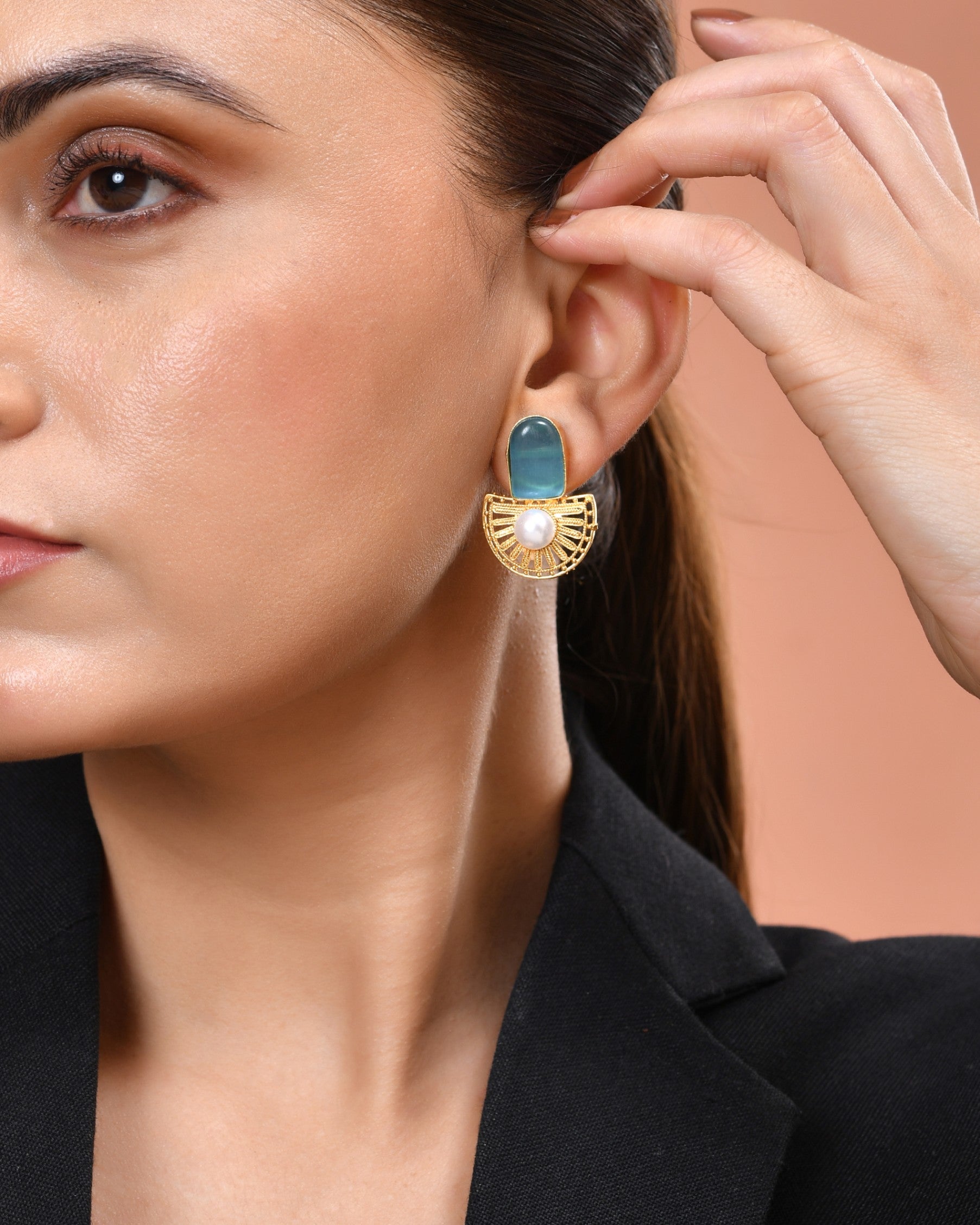VOJ Gold Plated Sky Blue Stone And Pearl Dome Shaped Studs Earrings - Dista