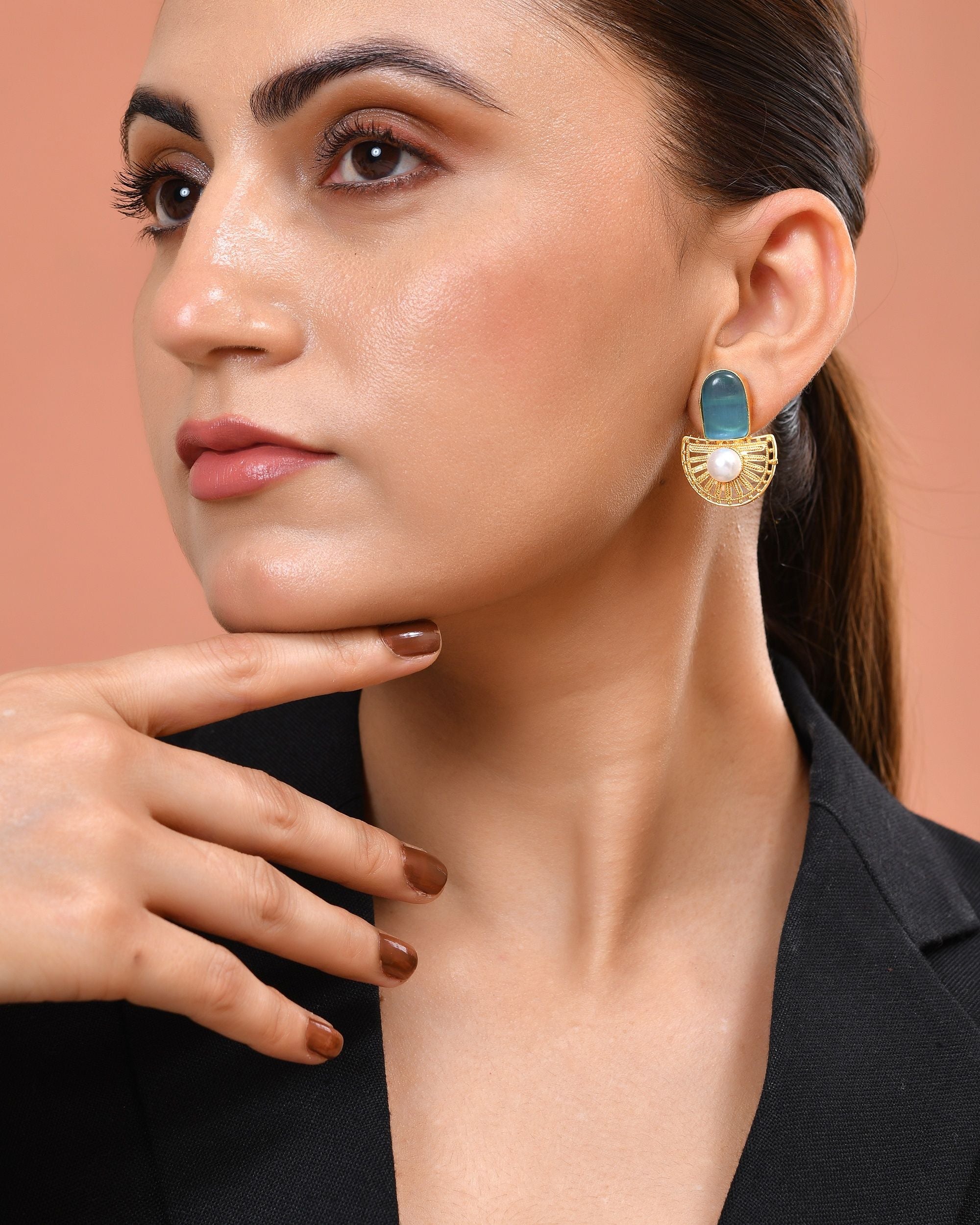 VOJ Gold Plated Sky Blue Stone And Pearl Dome Shaped Studs Earrings - Dista