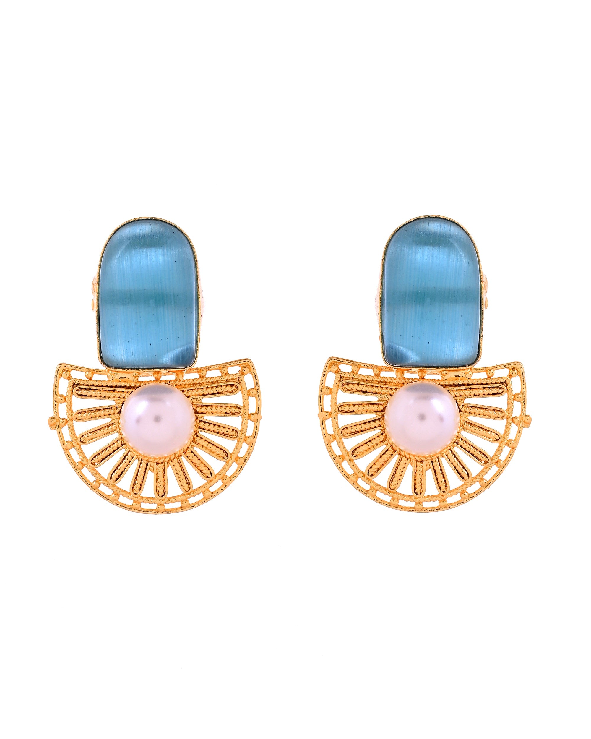 VOJ Gold Plated Sky Blue Stone And Pearl Dome Shaped Studs Earrings - Dista
