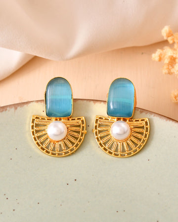VOJ Gold Plated Sky Blue Stone And Pearl Dome Shaped Studs Earrings - Dista