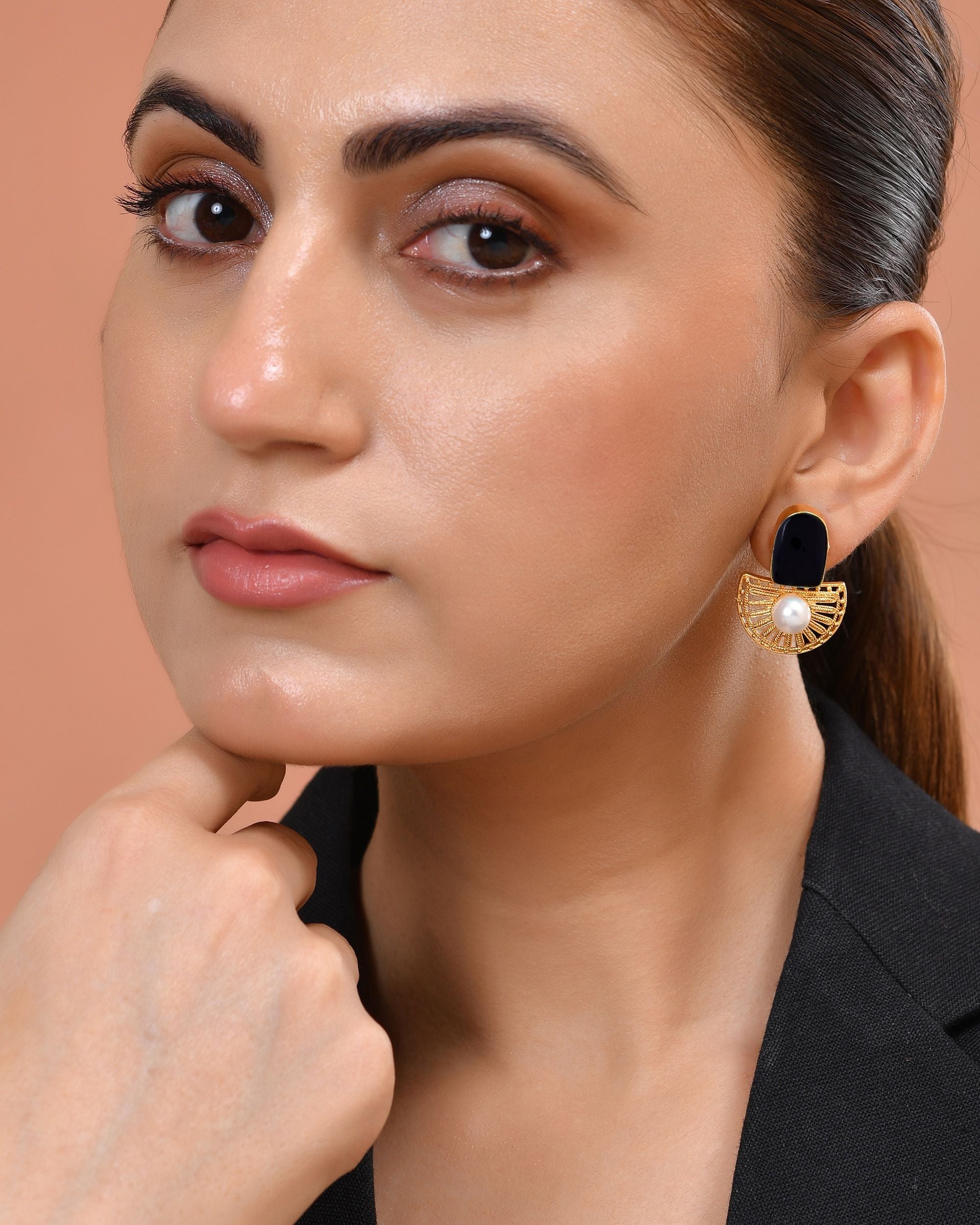 VOJ Gold Plated Black Stone And Pearl Dome Shaped Studs Earrings - Dista