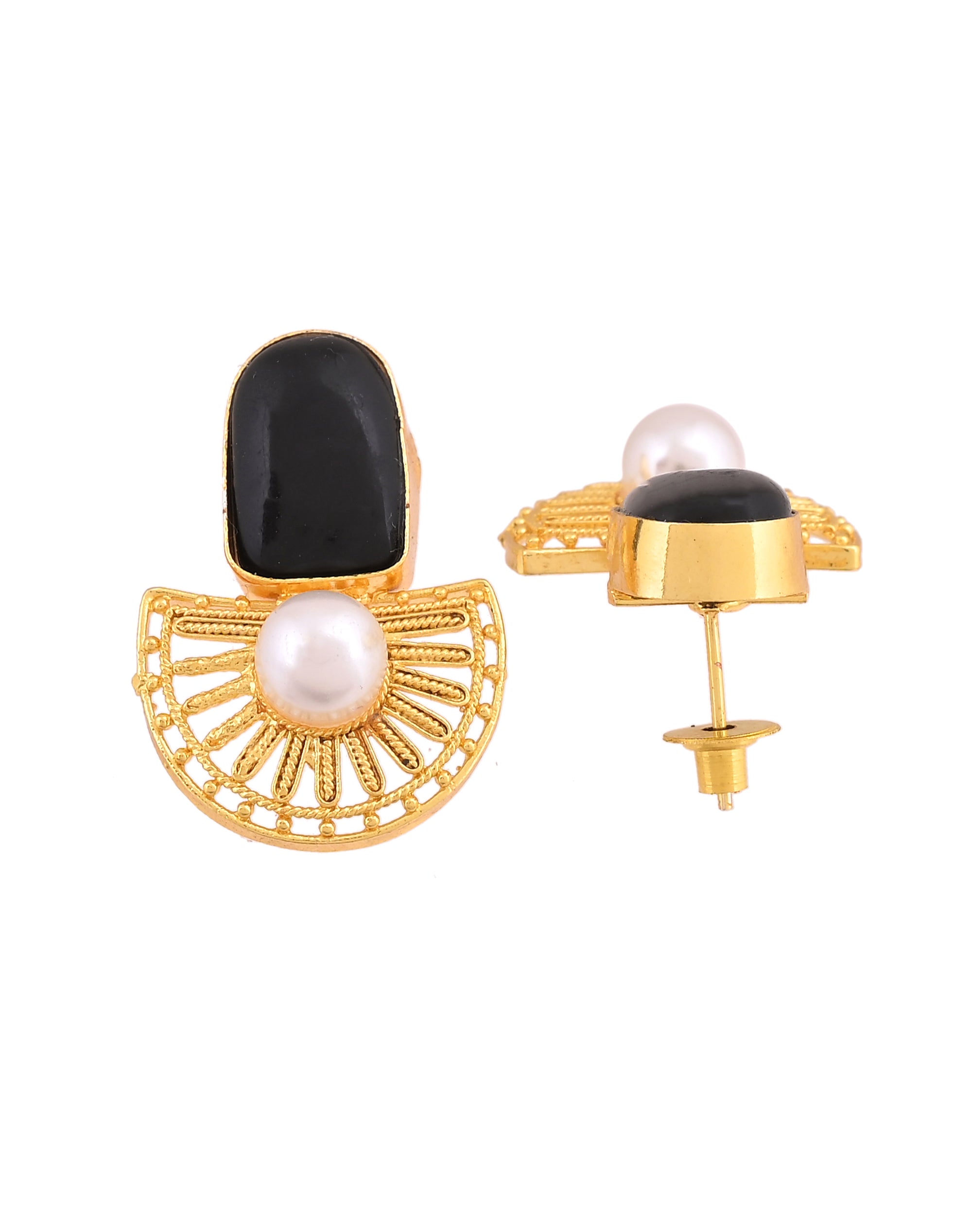 VOJ Gold Plated Black Stone And Pearl Dome Shaped Studs Earrings - Dista
