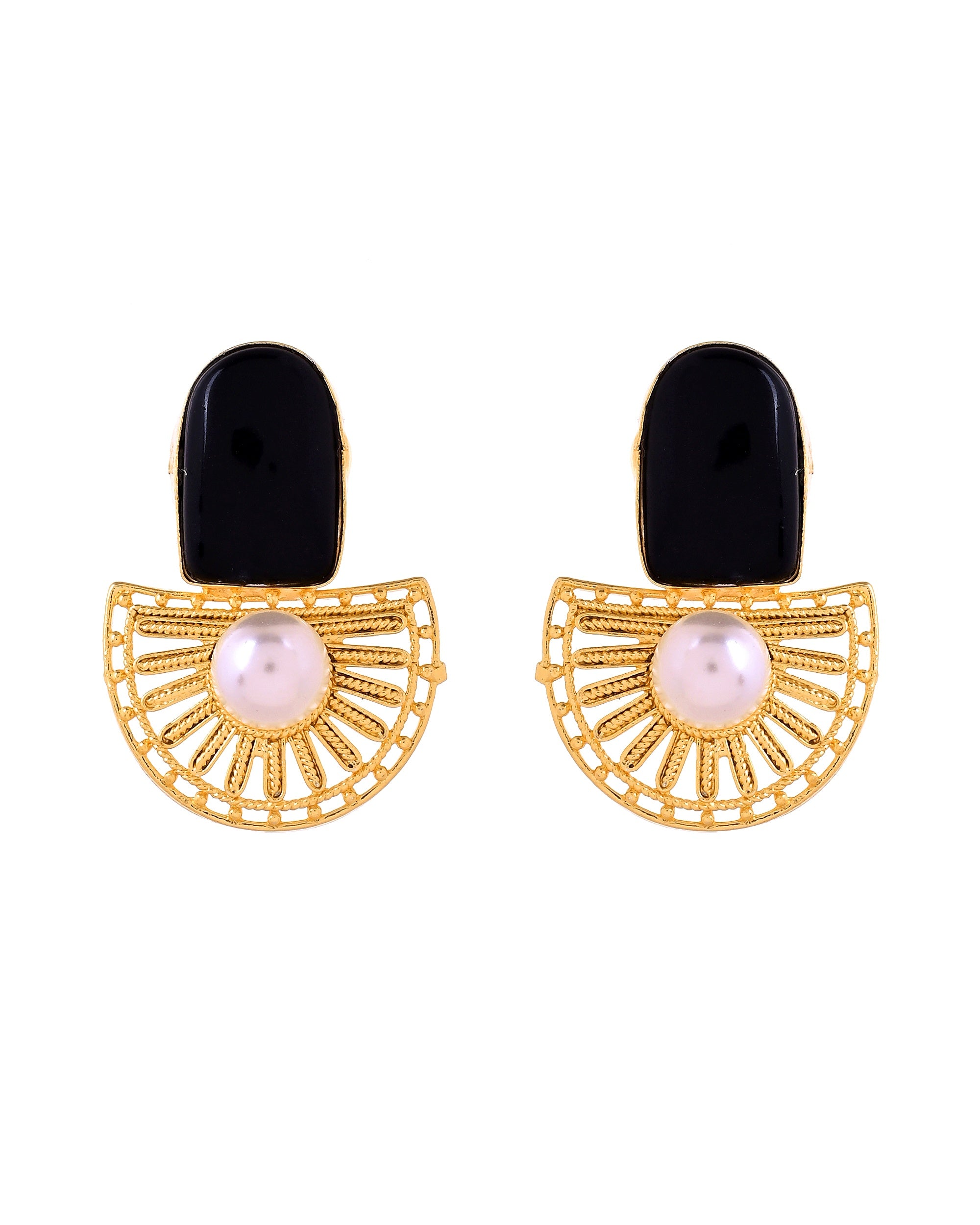 VOJ Gold Plated Black Stone And Pearl Dome Shaped Studs Earrings - Dista
