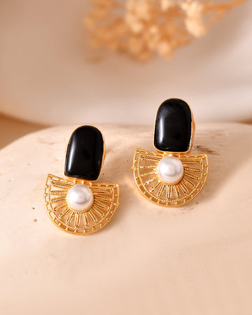 VOJ Gold Plated Black Stone And Pearl Dome Shaped Studs Earrings - Dista