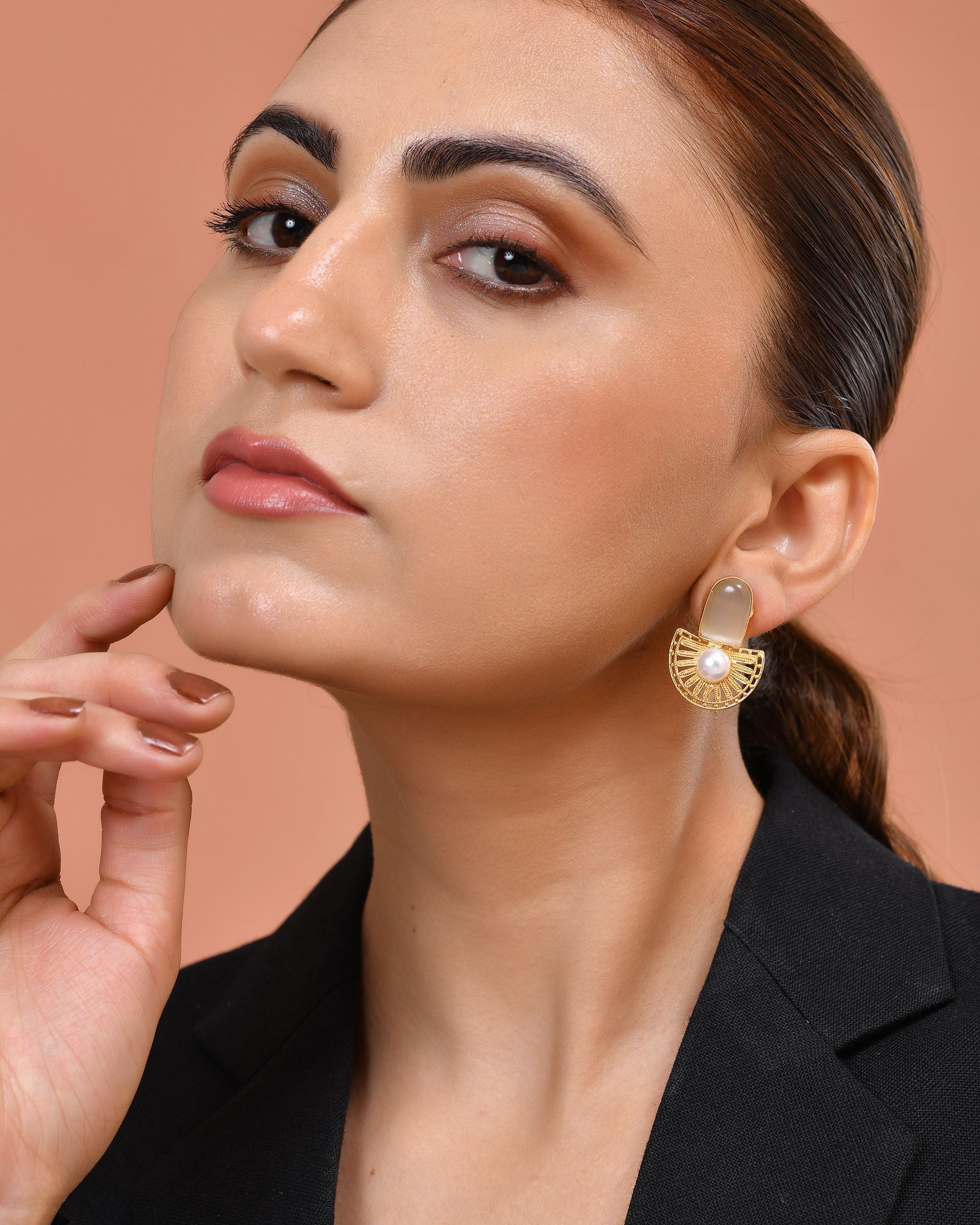 VOJ Gold Plated Off White Stone And Pearl Dome Shaped Studs Earrings - Dista