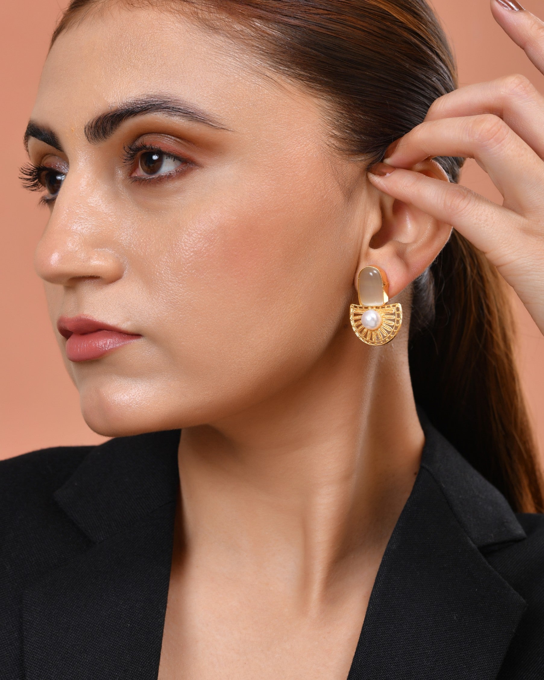 VOJ Gold Plated Off White Stone And Pearl Dome Shaped Studs Earrings - Dista