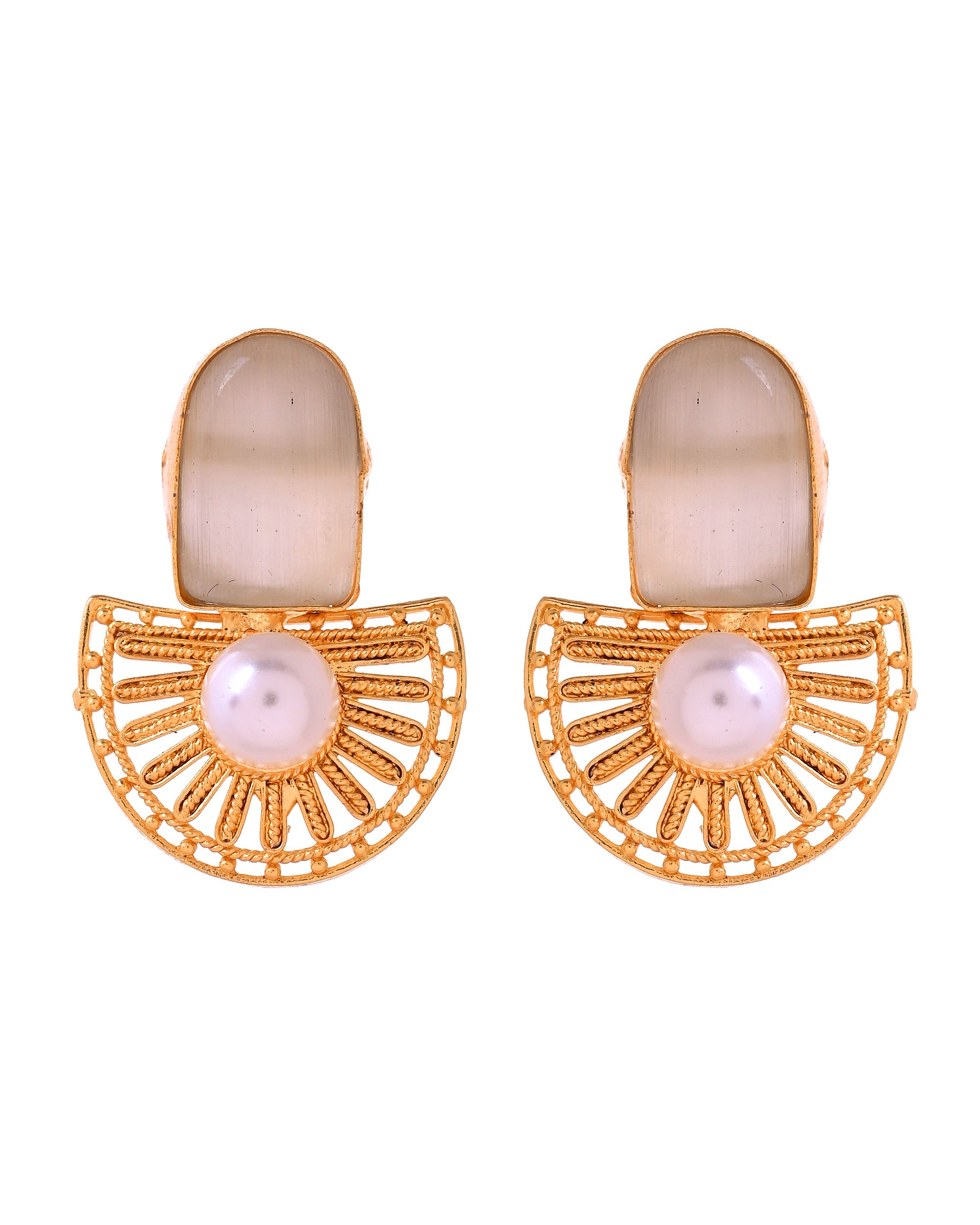 VOJ Gold Plated Off White Stone And Pearl Dome Shaped Studs Earrings - Dista