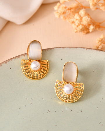 VOJ Gold Plated Off White Stone And Pearl Dome Shaped Studs Earrings - Dista