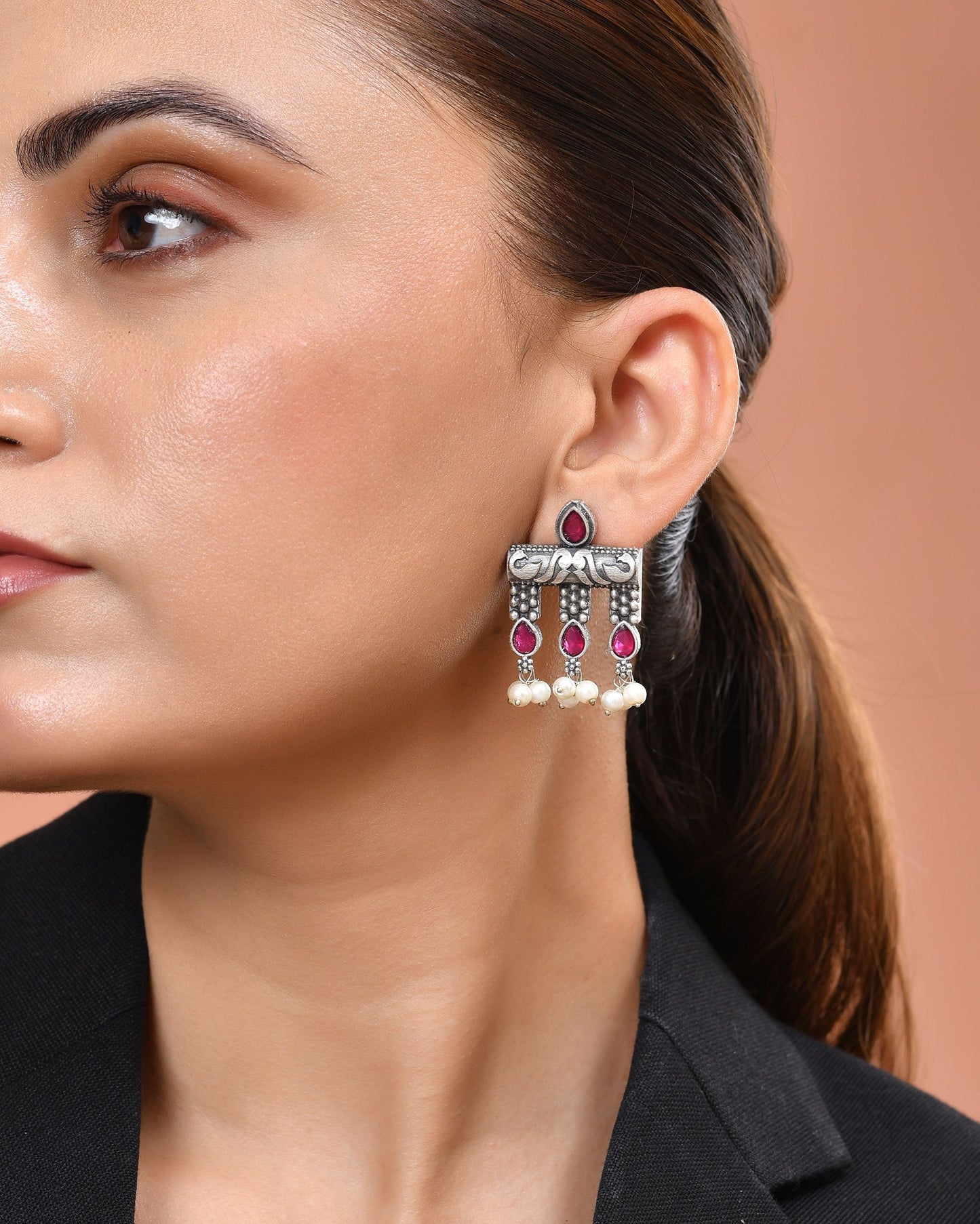 VOJ Silver Plated Designer Oxidized Studs Earrings - Dista