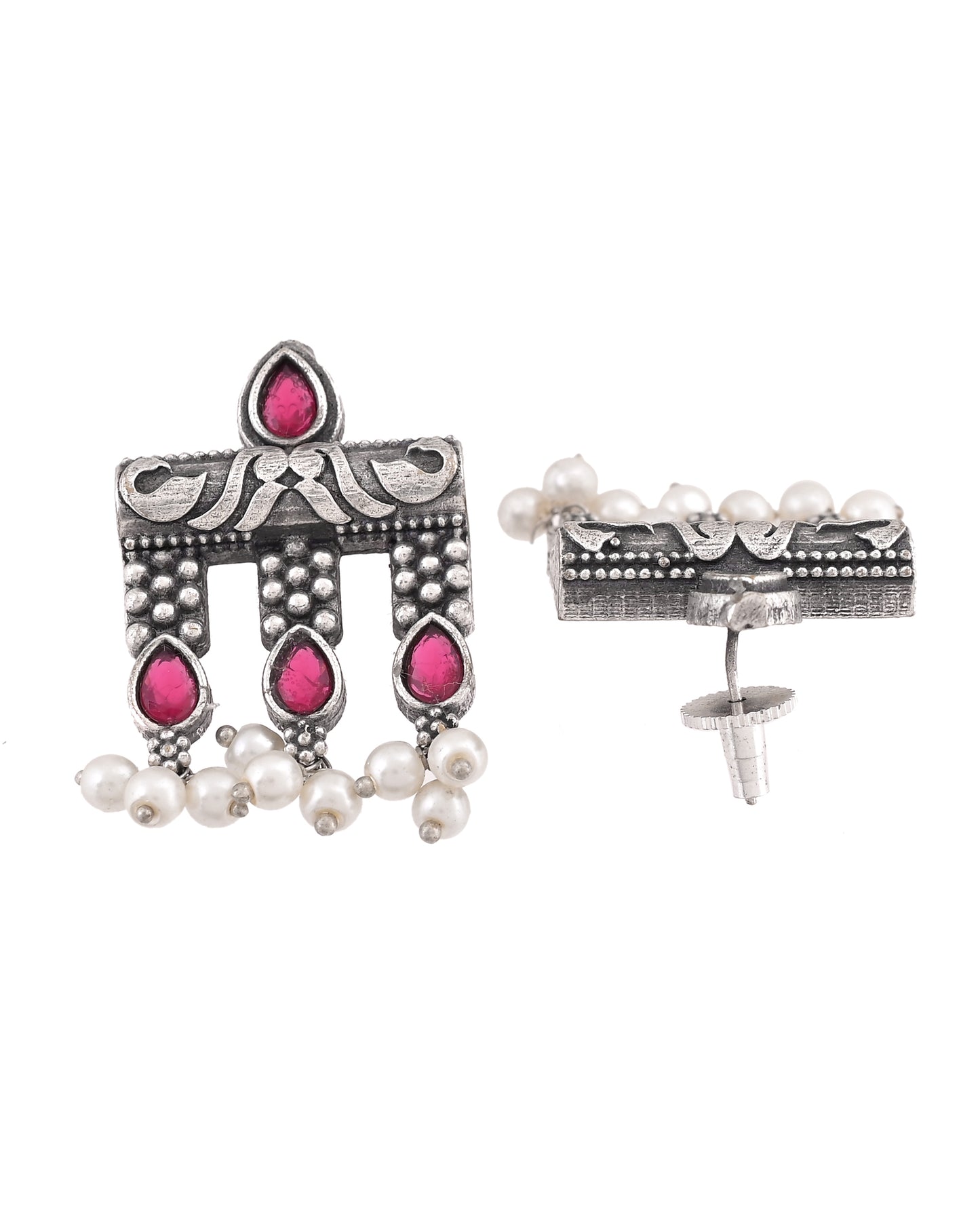 VOJ Silver Plated Designer Oxidized Studs Earrings - Dista