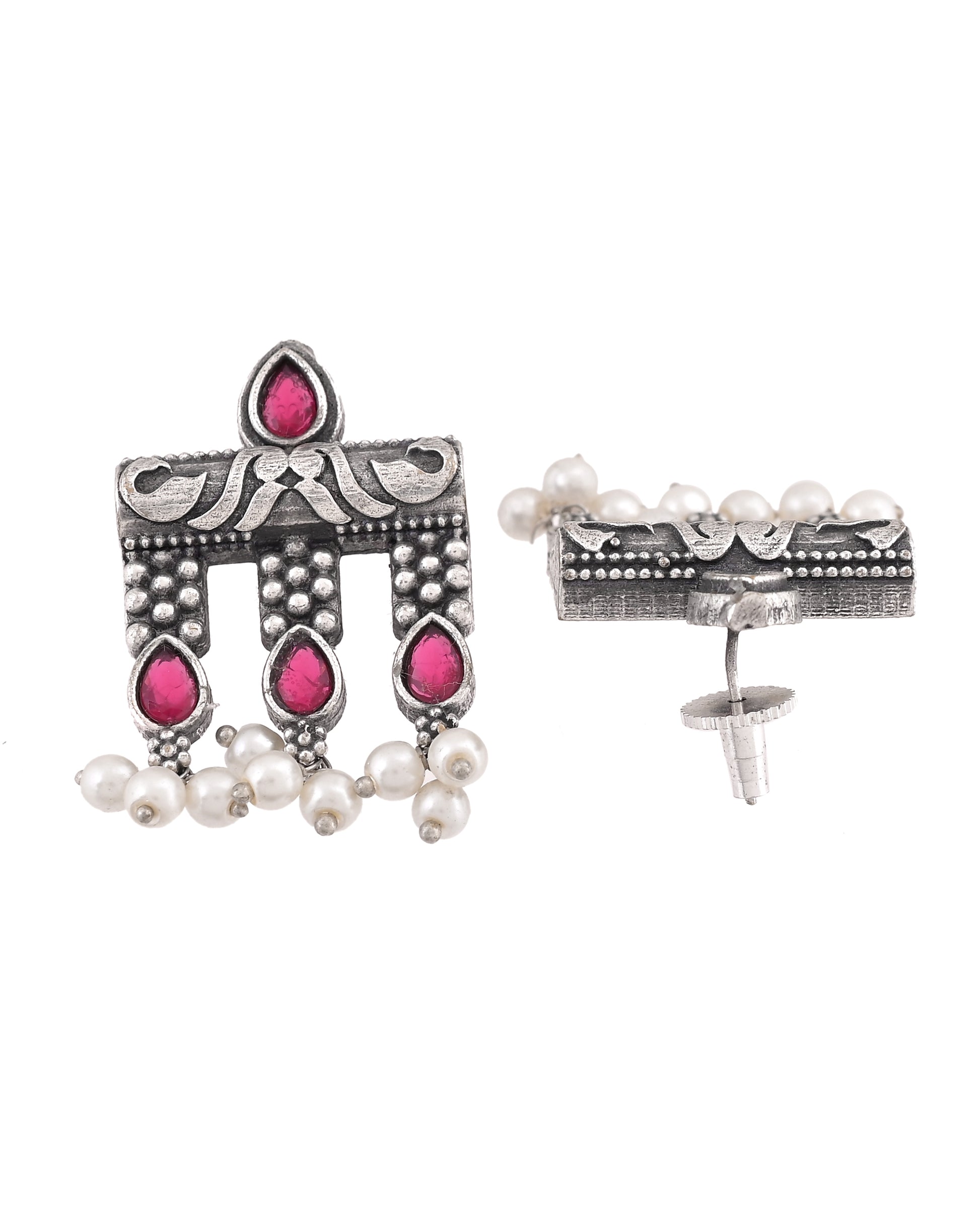 VOJ Silver Plated Designer Oxidized Studs Earrings - Dista