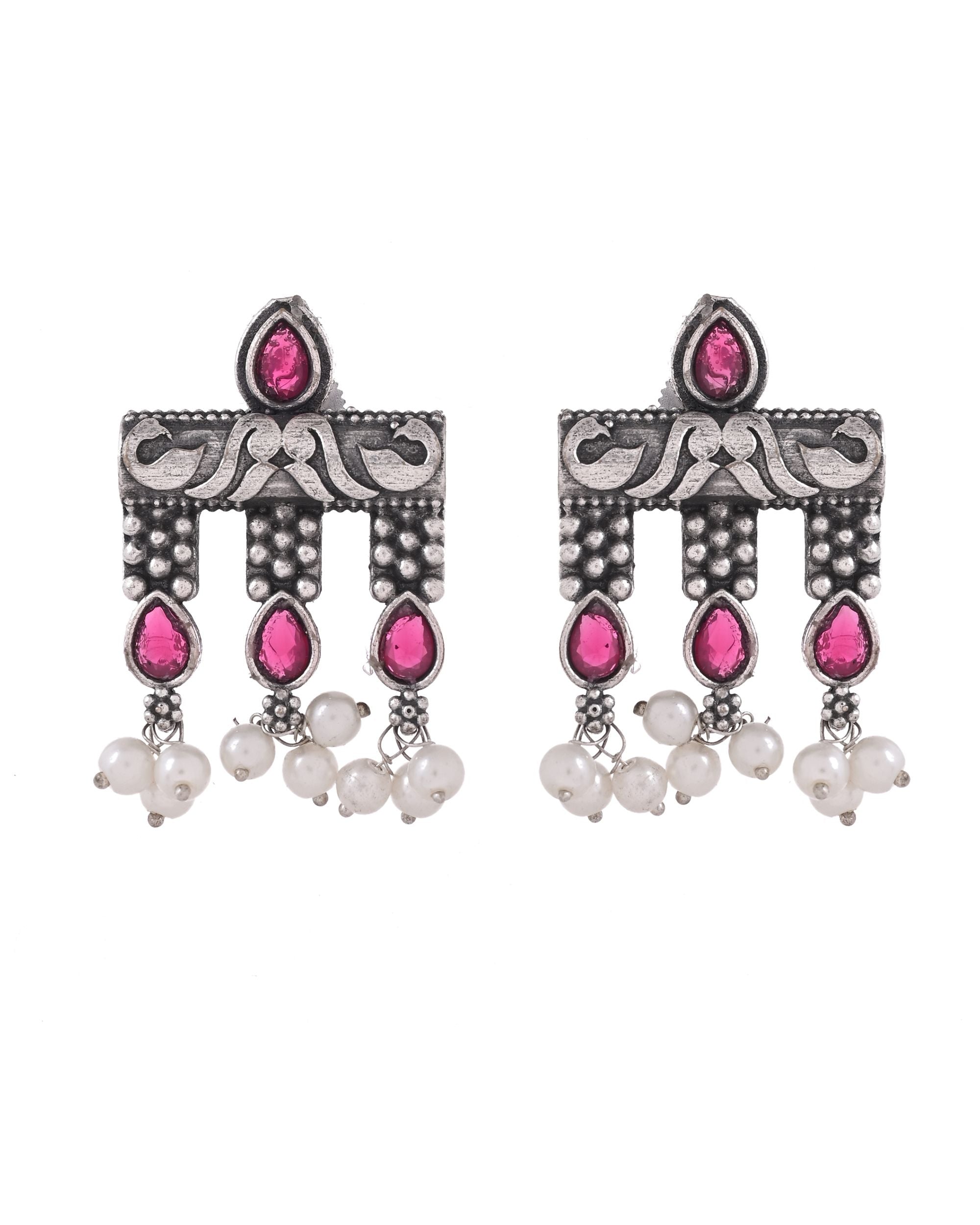 VOJ Silver Plated Designer Oxidized Studs Earrings