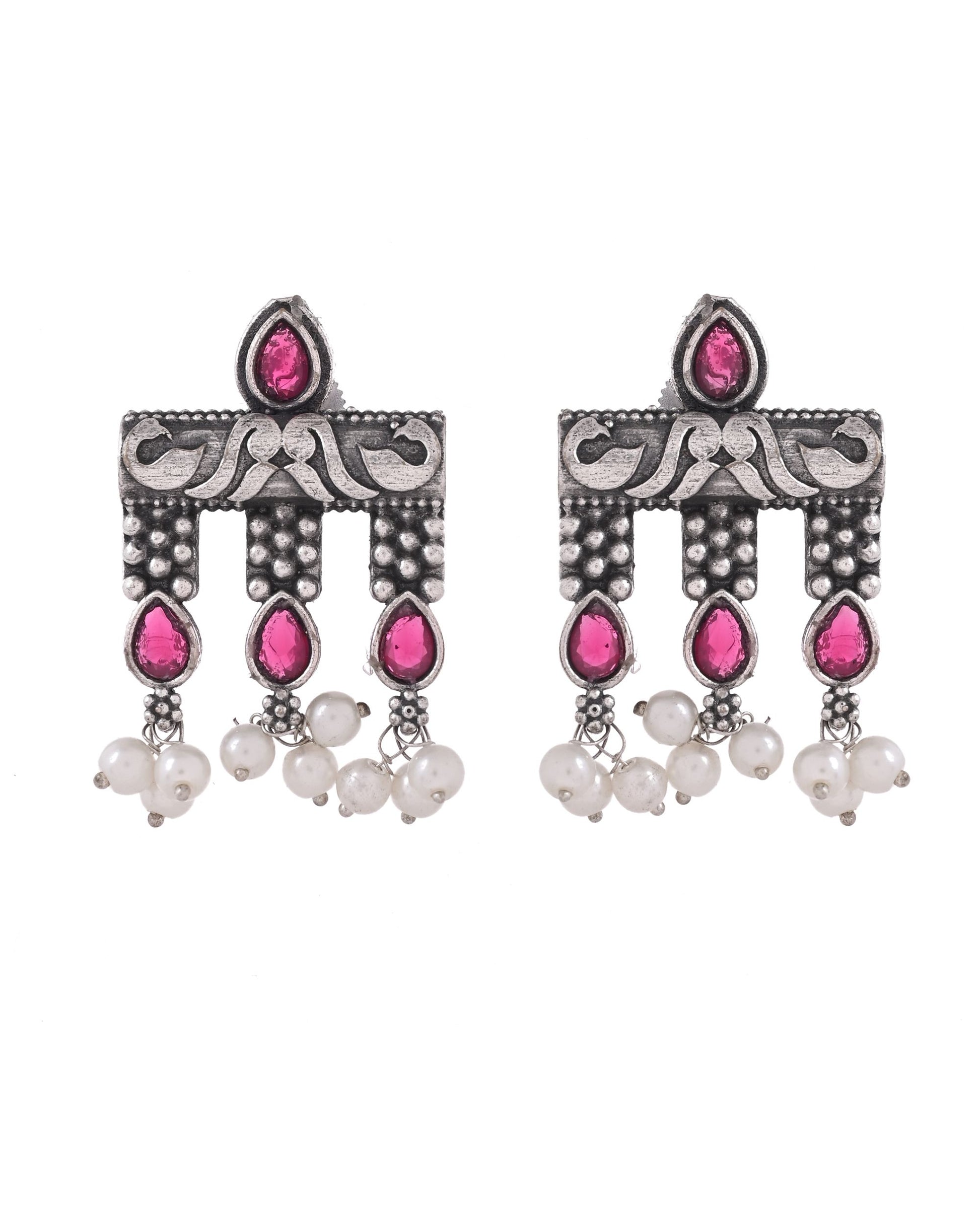 VOJ Silver Plated Designer Oxidized Studs Earrings - Dista