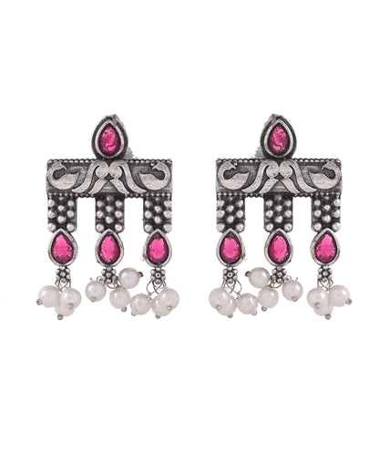 VOJ Silver Plated Designer Oxidized Studs Earrings - Dista