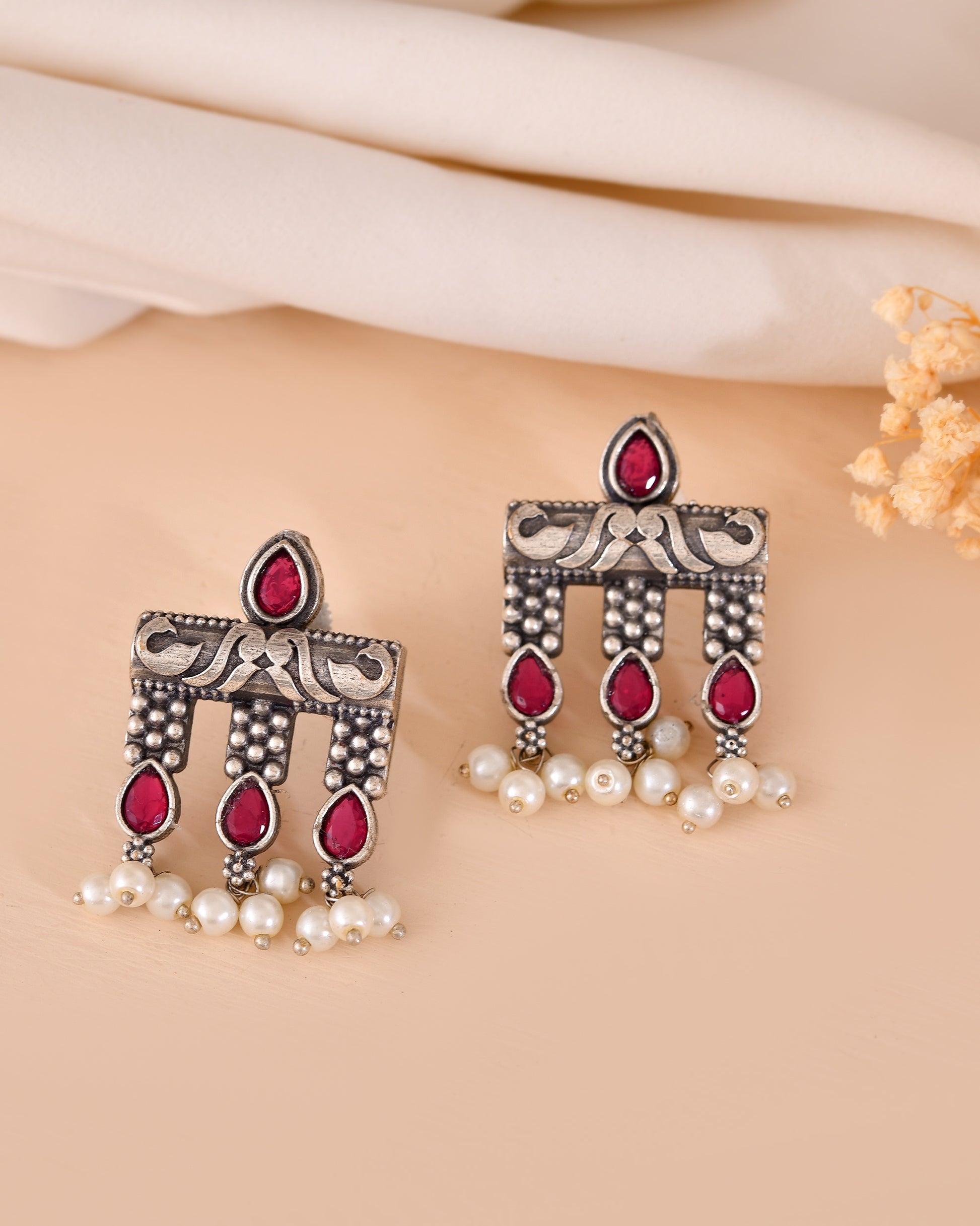 VOJ Silver Plated Designer Oxidized Studs Earrings - Dista