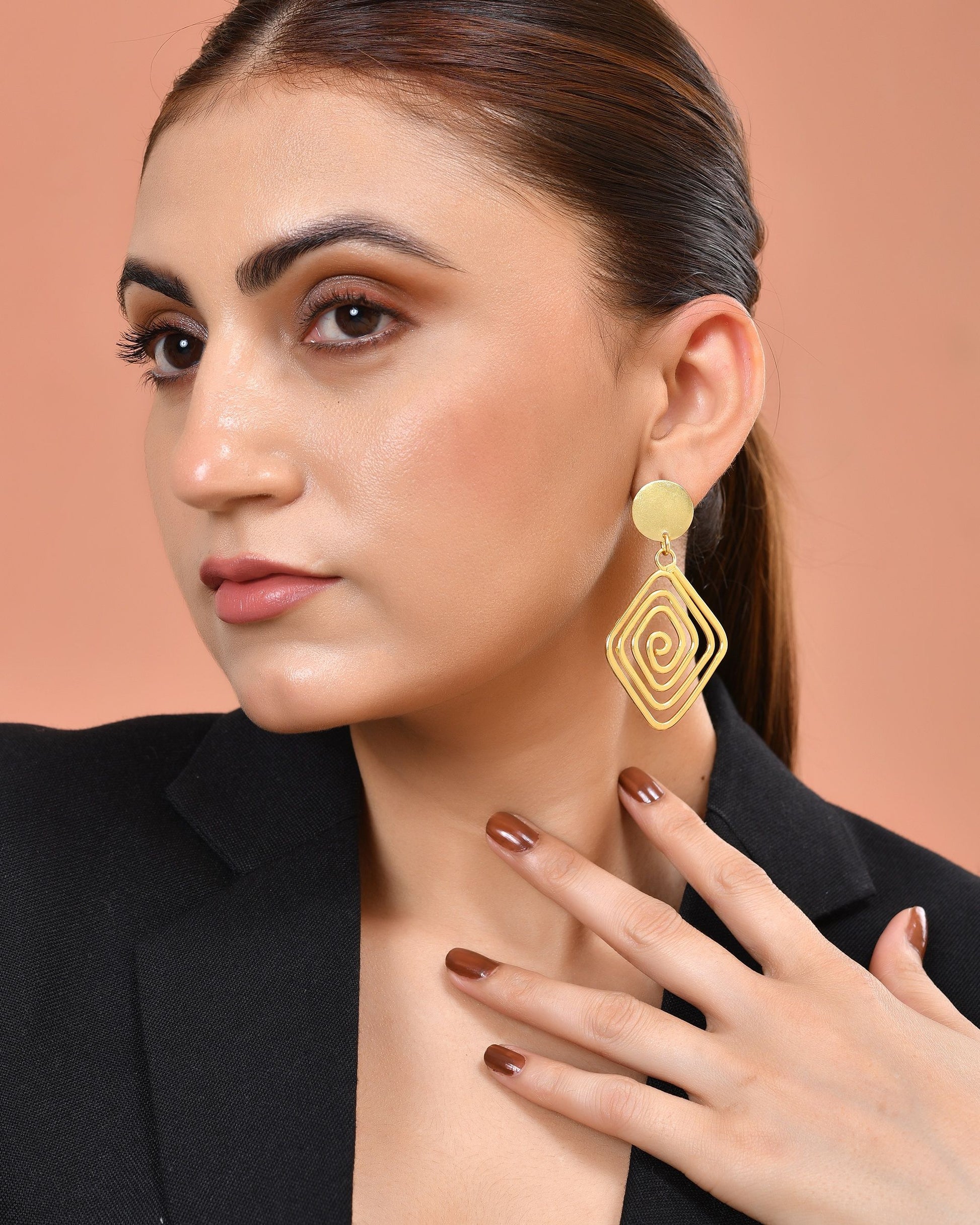 VOJ Gold Plated Square Twisted Designed Drop Earrings - Dista