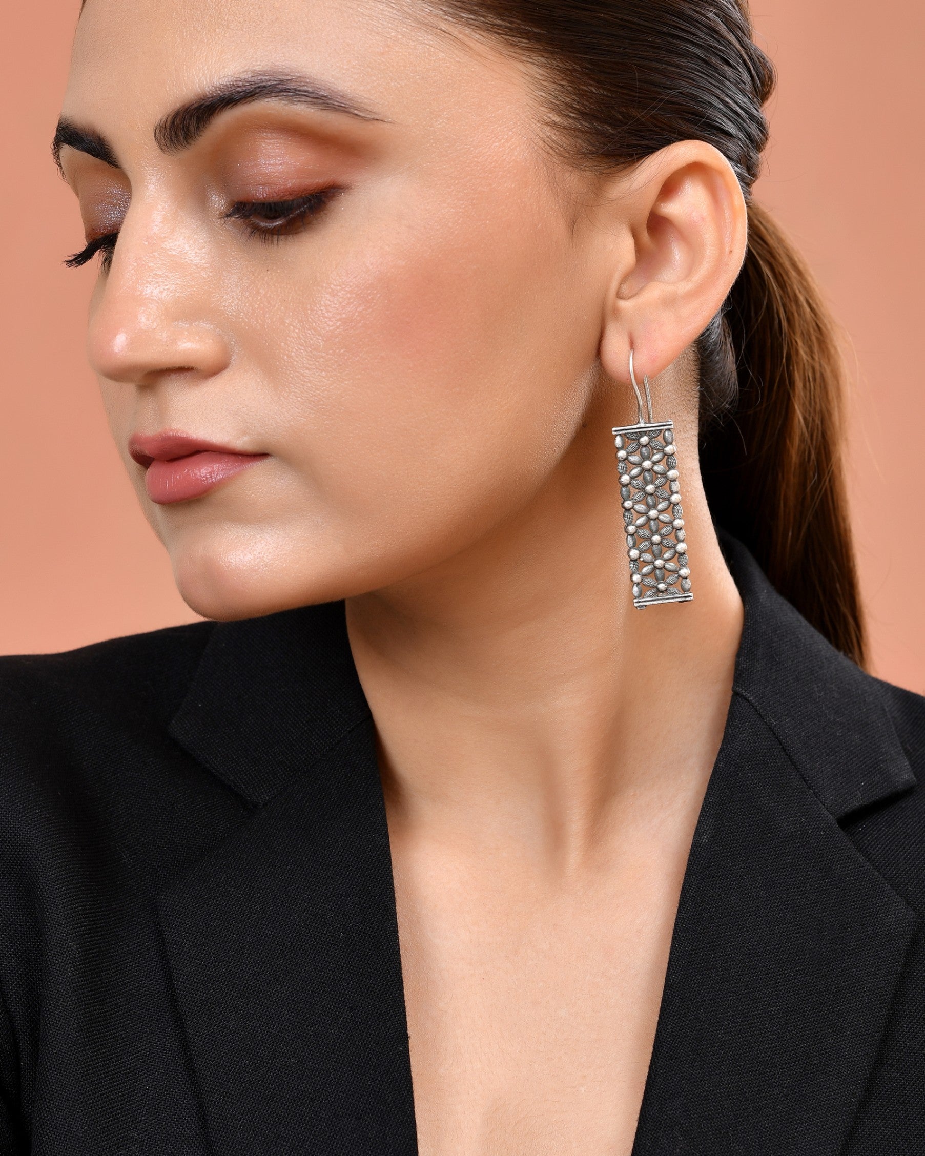 VOJ Silver Plated Beat Studded Designer Drop Earrings - Dista