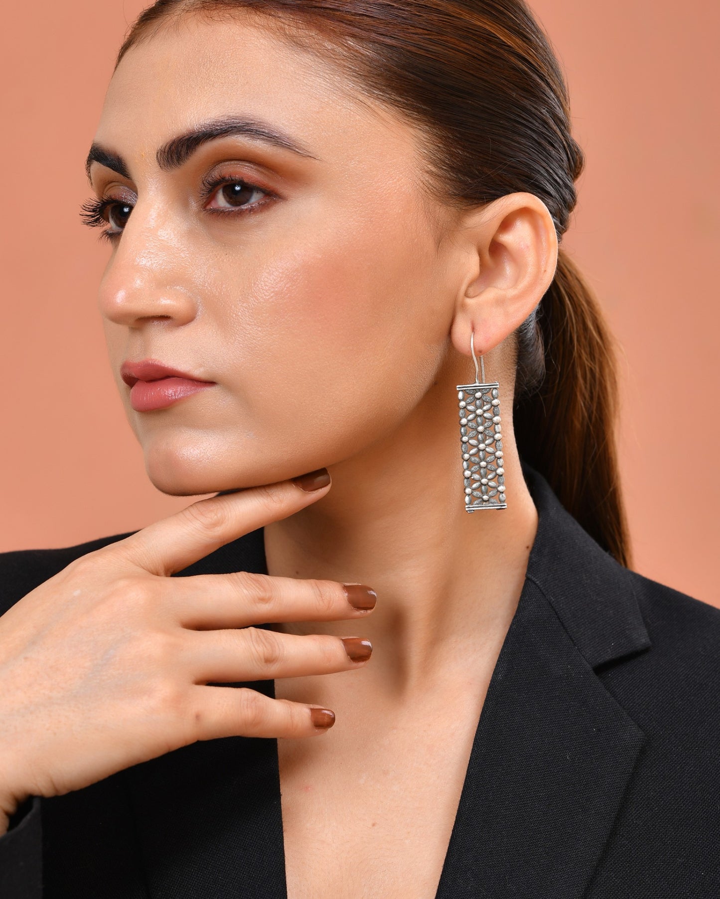 VOJ Silver Plated Beat Studded Designer Drop Earrings - Dista