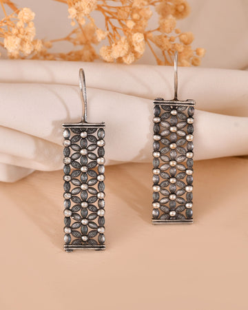 VOJ Silver Plated Beat Studded Designer Drop Earrings - Dista