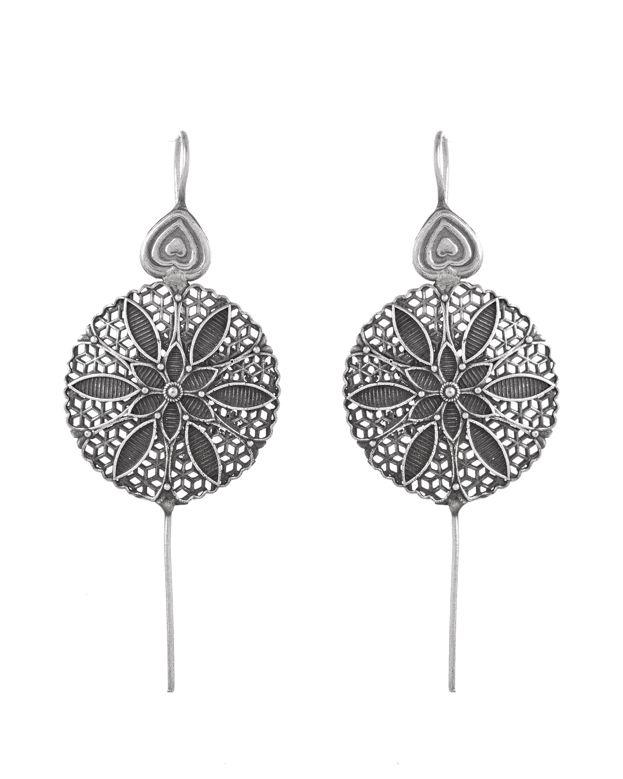 VOJ Silver Toned Floral Design Oxidized Ear Cuff Earrings - Dista