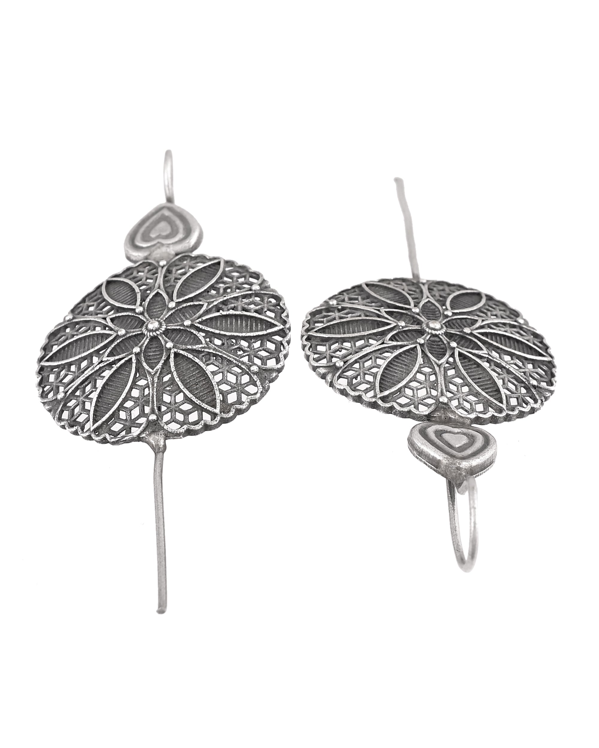 VOJ Silver Toned Floral Design Oxidized Ear Cuff Earrings - Dista