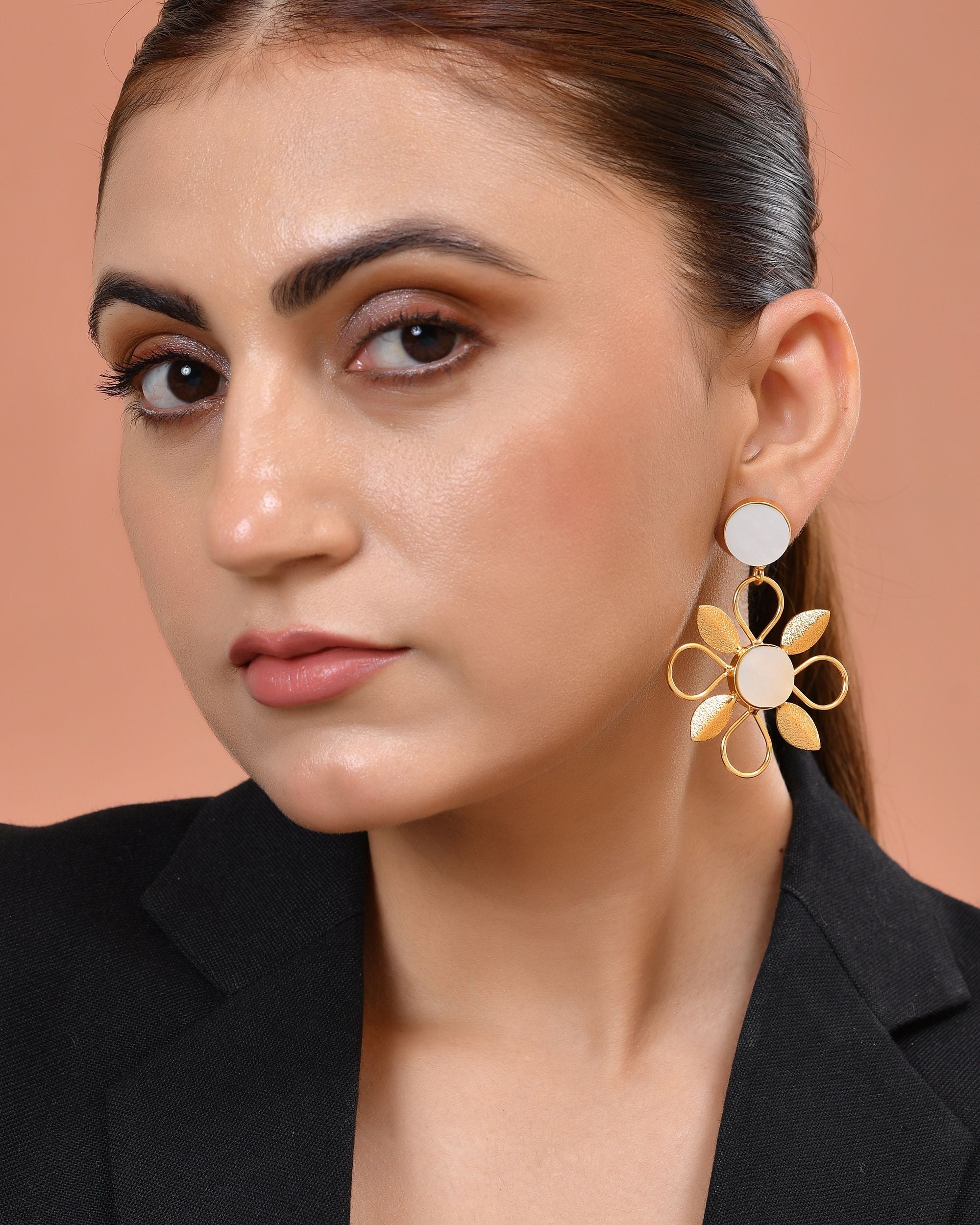 VOJ Gold Plated Floral Shaped Stone Studded Drop Earrings - Dista