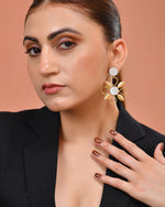Thumbnail for VOJ Gold Plated Floral Shaped Stone Studded Drop Earrings - Dista