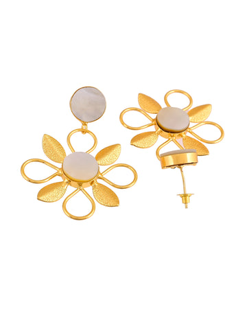 VOJ Gold Plated Floral Shaped Stone Studded Drop Earrings - Dista