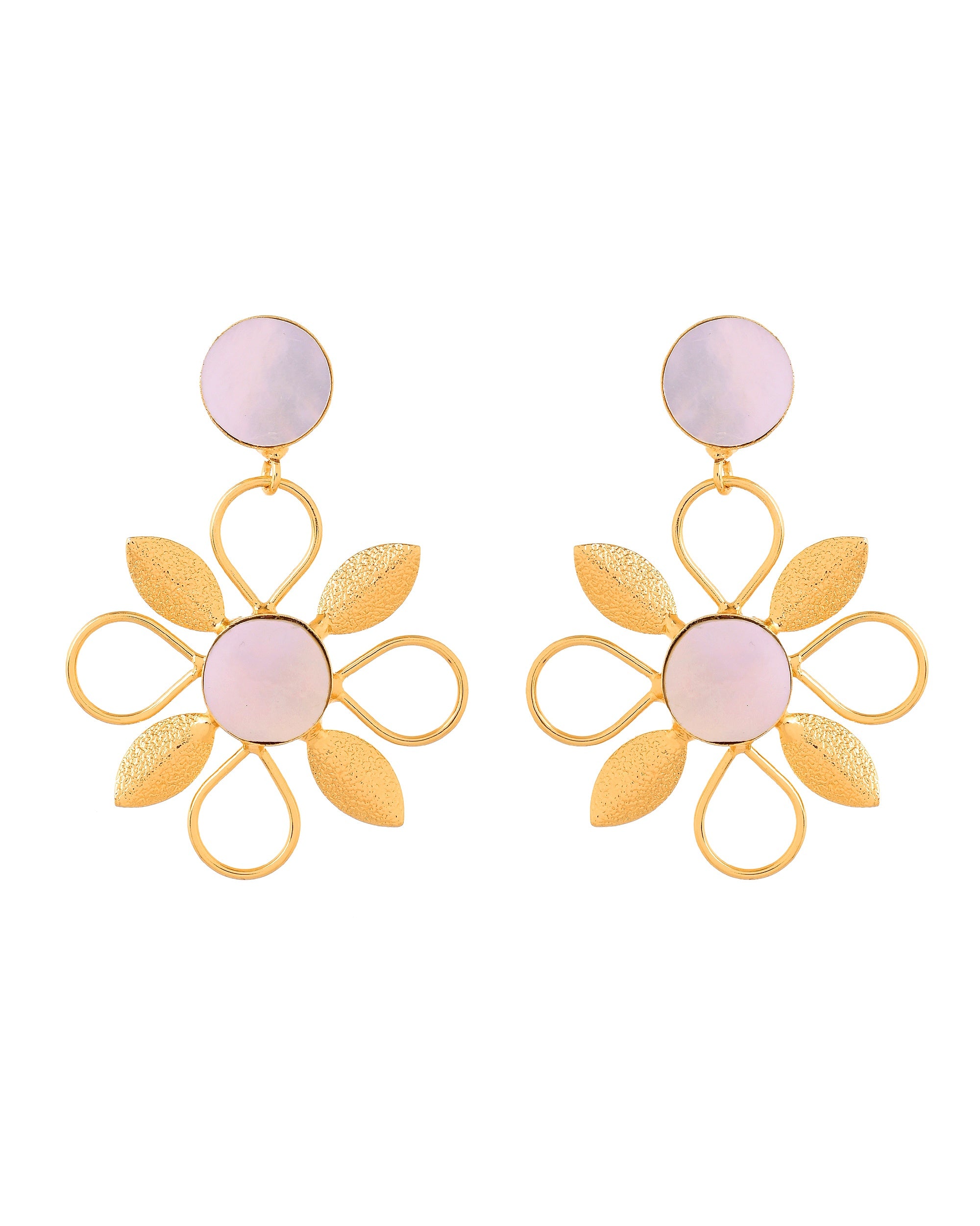 VOJ Gold Plated Floral Shaped Stone Studded Drop Earrings - Dista