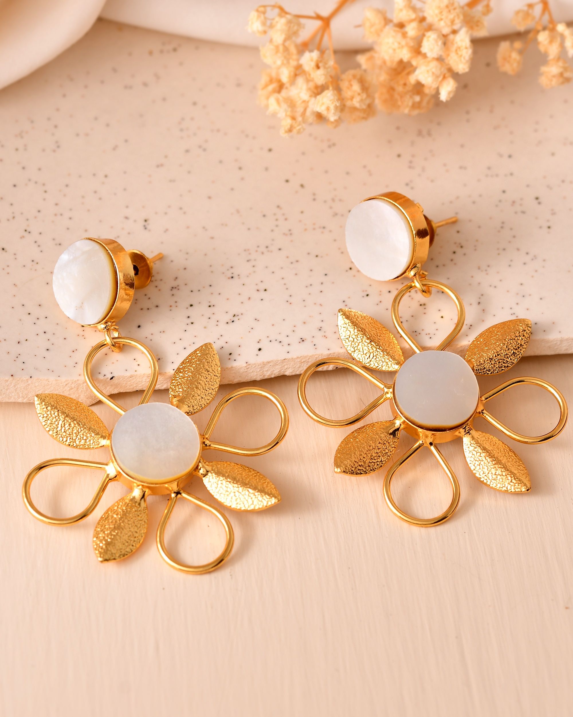 VOJ Gold Plated Floral Shaped Stone Studded Drop Earrings - Dista