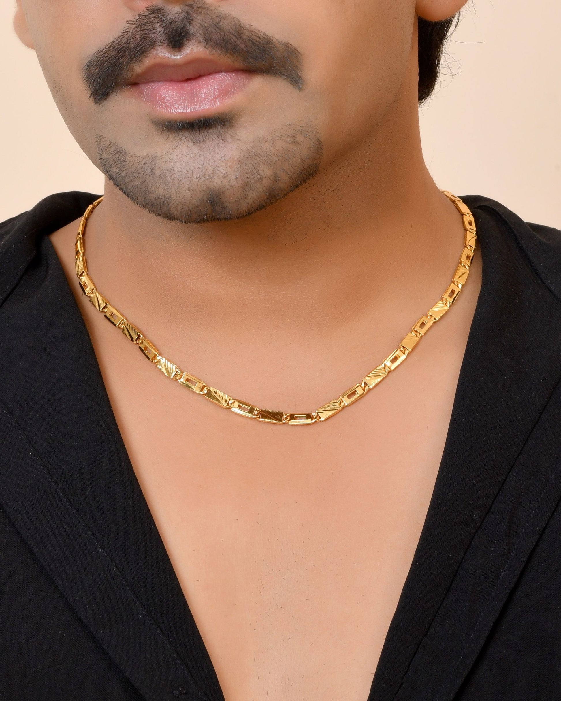 VOJ Gold Toned Rectangular Designed Biscuit Chain For Men - Dista