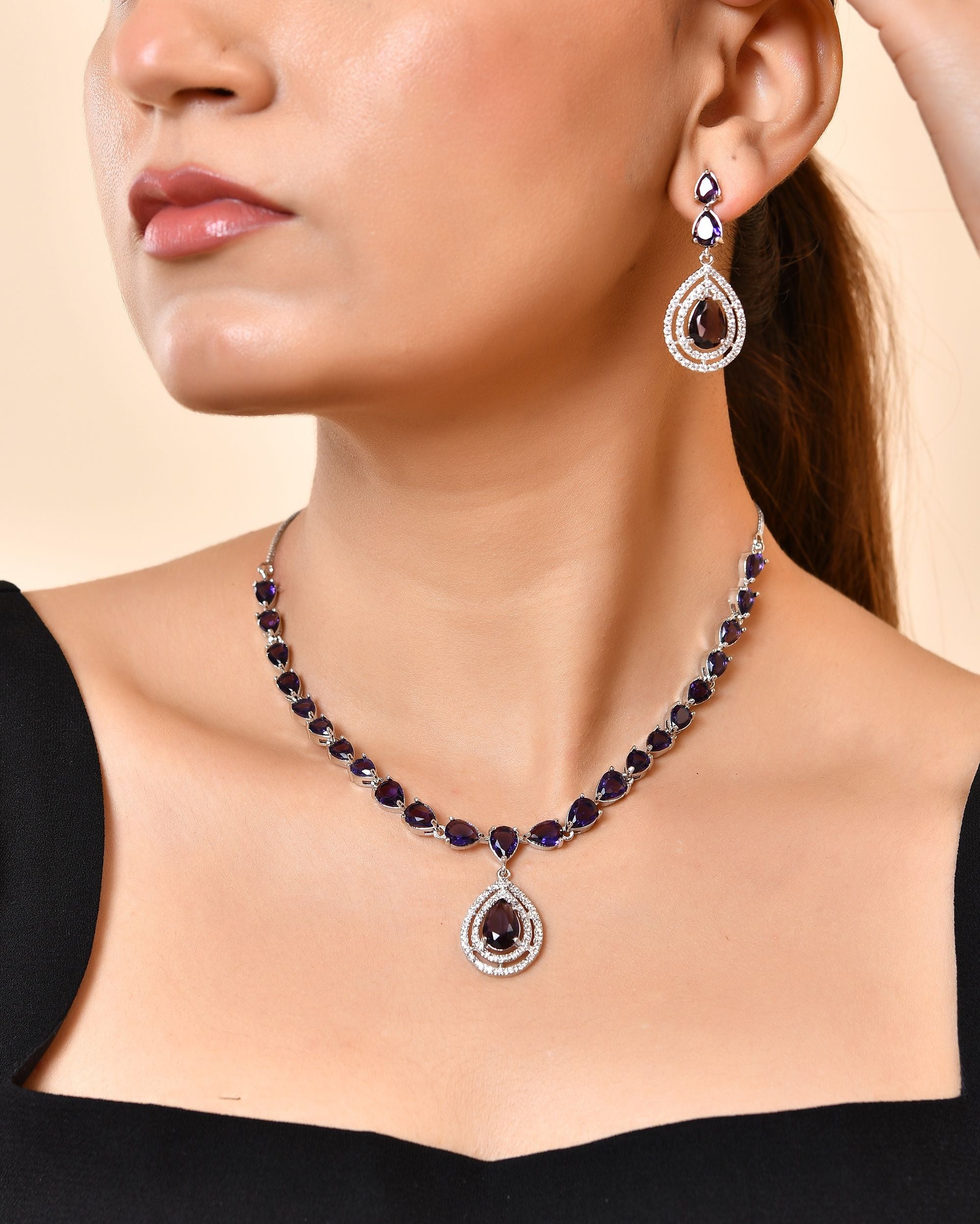 VOJ Silver Toned Purple Tear Drop Shaped Stone Ad Necklace Set - Dista
