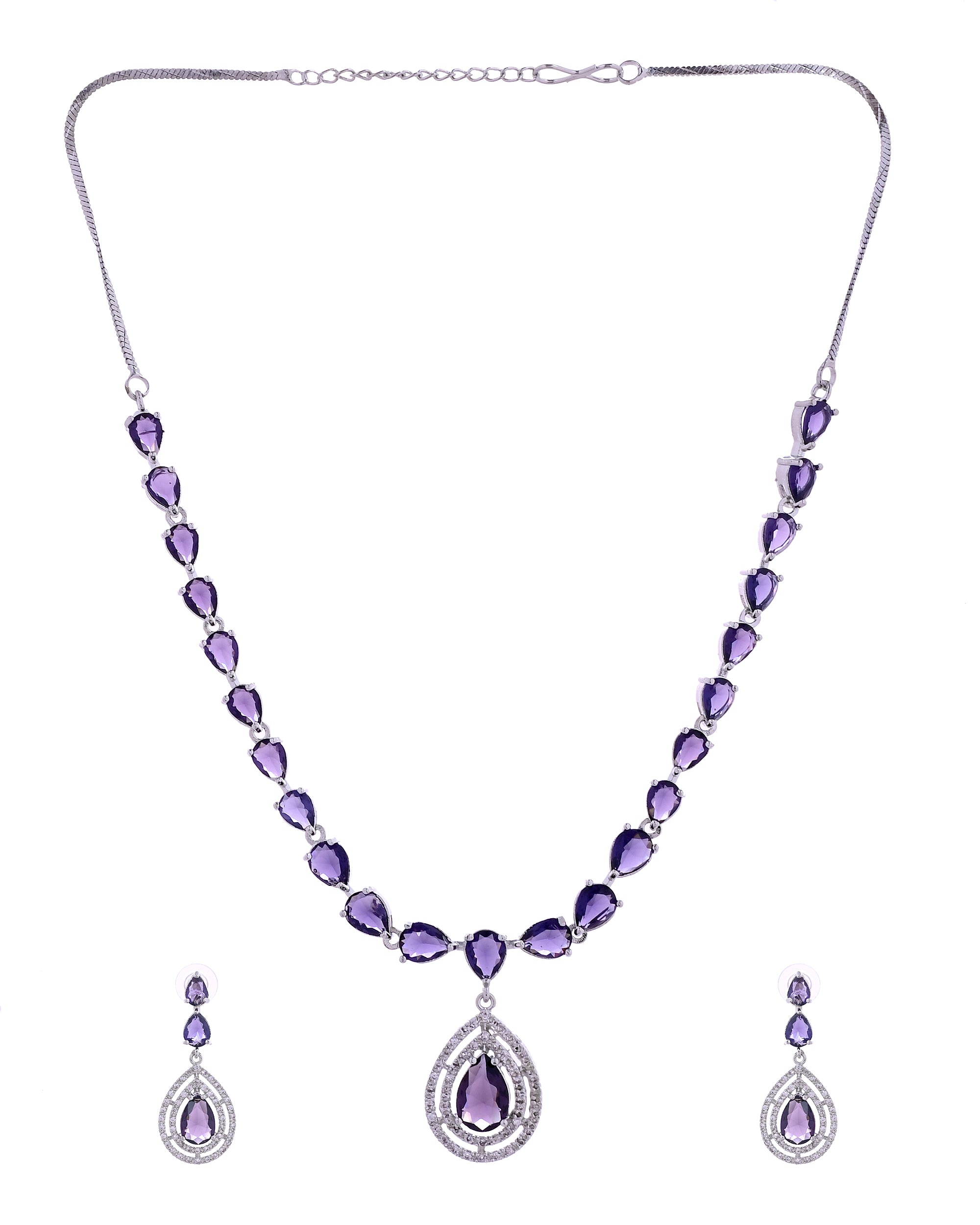 VOJ Silver Toned Purple Tear Drop Shaped Stone Ad Necklace Set - Dista