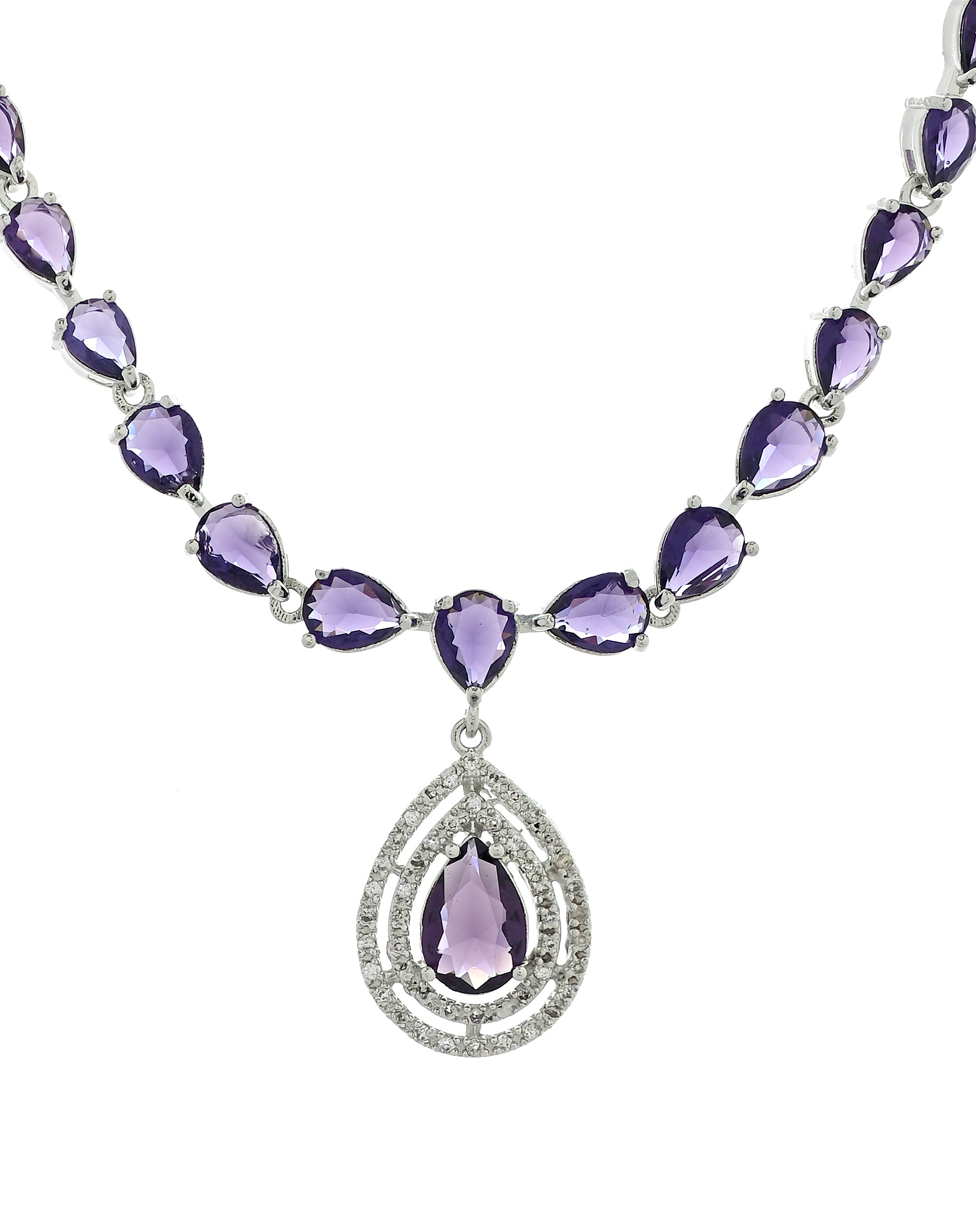 VOJ Silver Toned Purple Tear Drop Shaped Stone Ad Necklace Set - Dista
