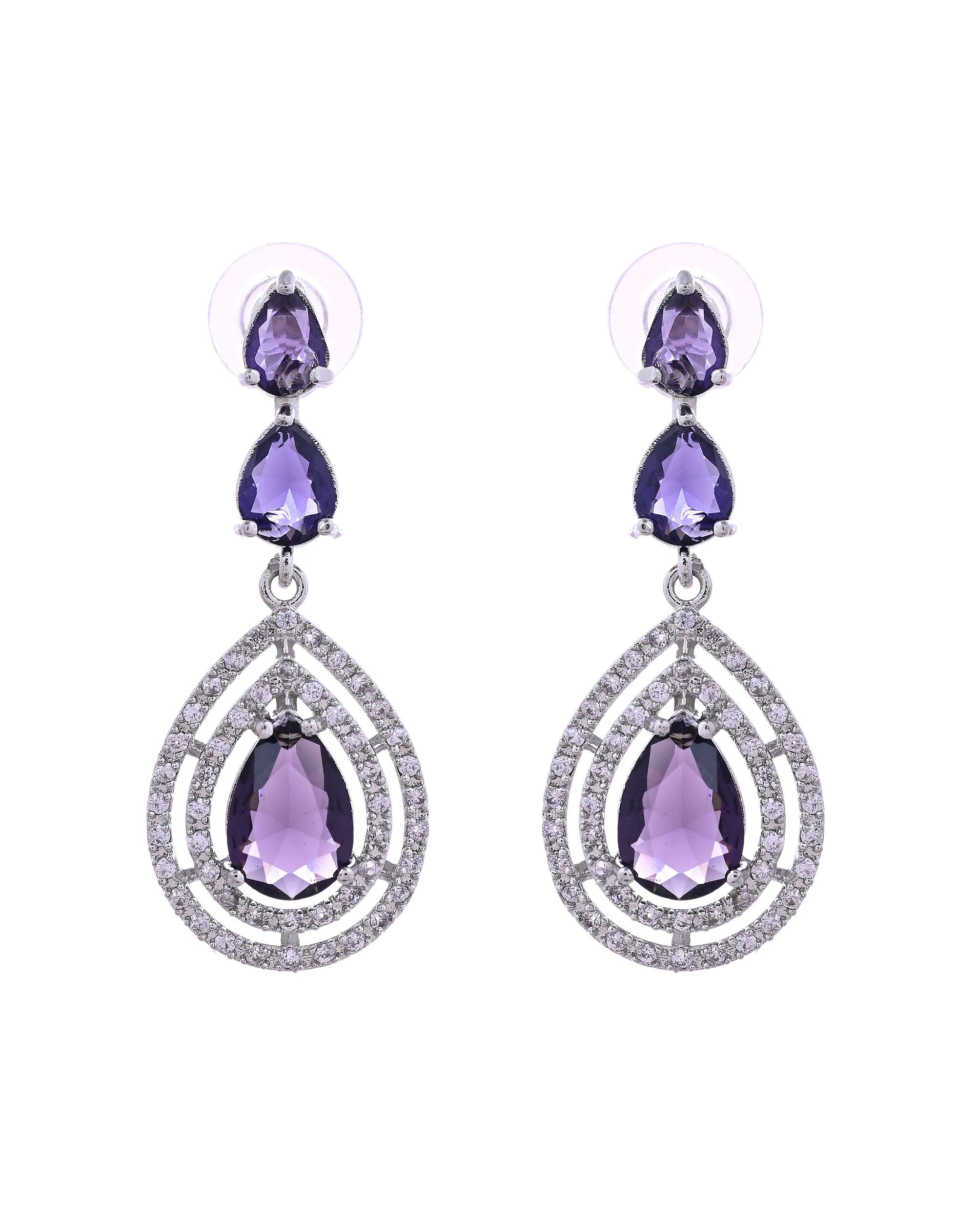 VOJ Silver Toned Purple Tear Drop Shaped Stone Ad Necklace Set - Dista