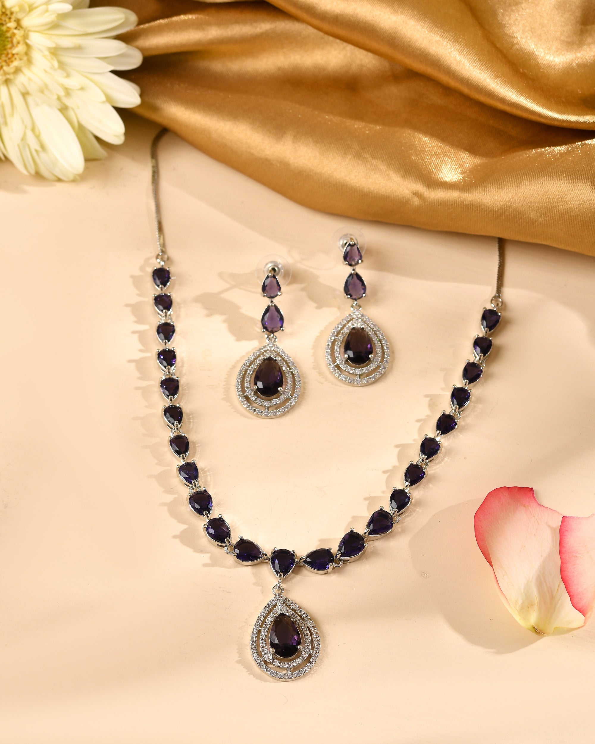 VOJ Silver Toned Purple Tear Drop Shaped Stone Ad Necklace Set - Dista