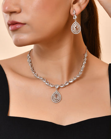 VOJ Silver Toned Tear Drop Shaped Stone Ad Necklace Set - Dista