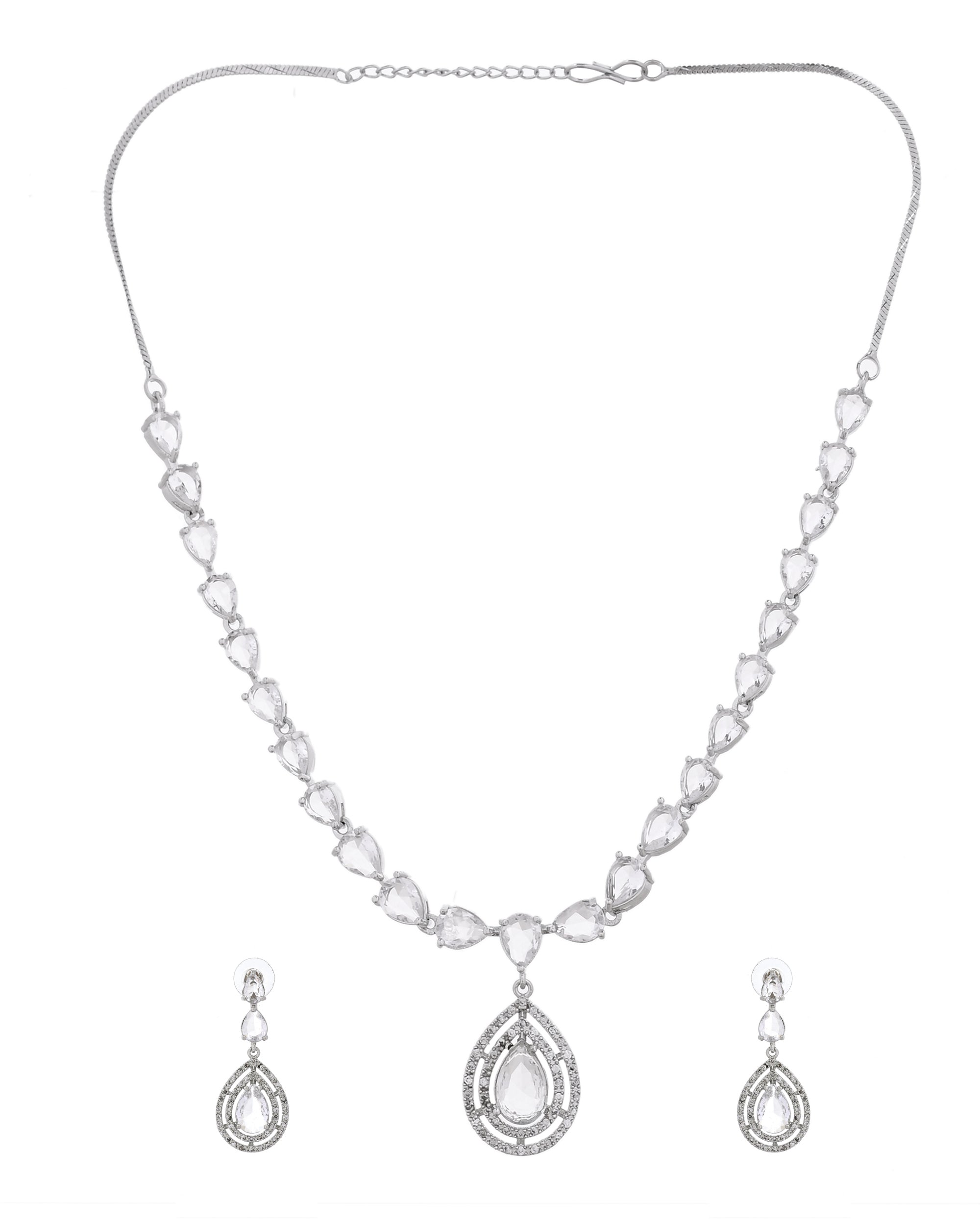 VOJ Silver Toned Tear Drop Shaped Stone Ad Necklace Set - Dista