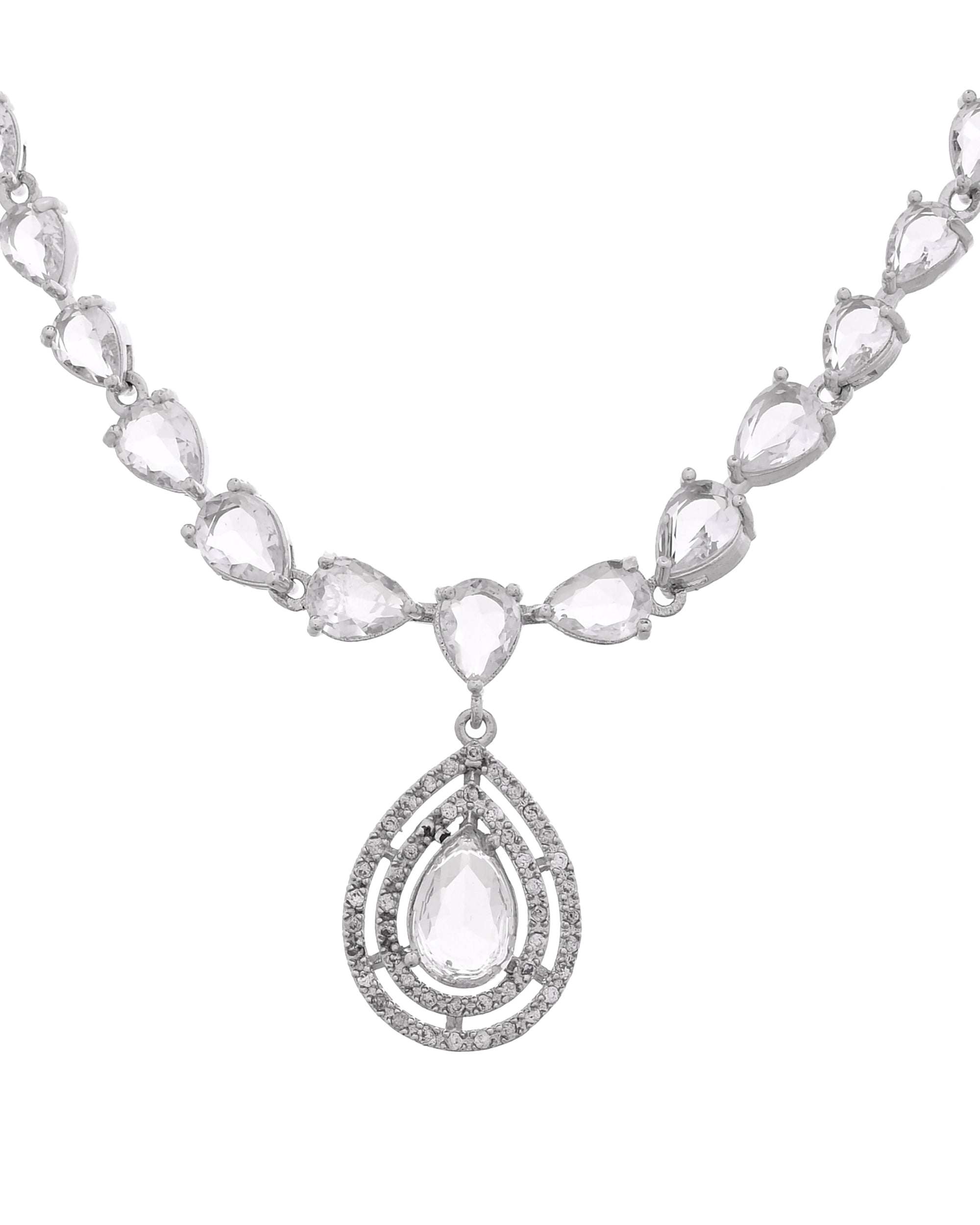 VOJ Silver Toned Tear Drop Shaped Stone Ad Necklace Set - Dista