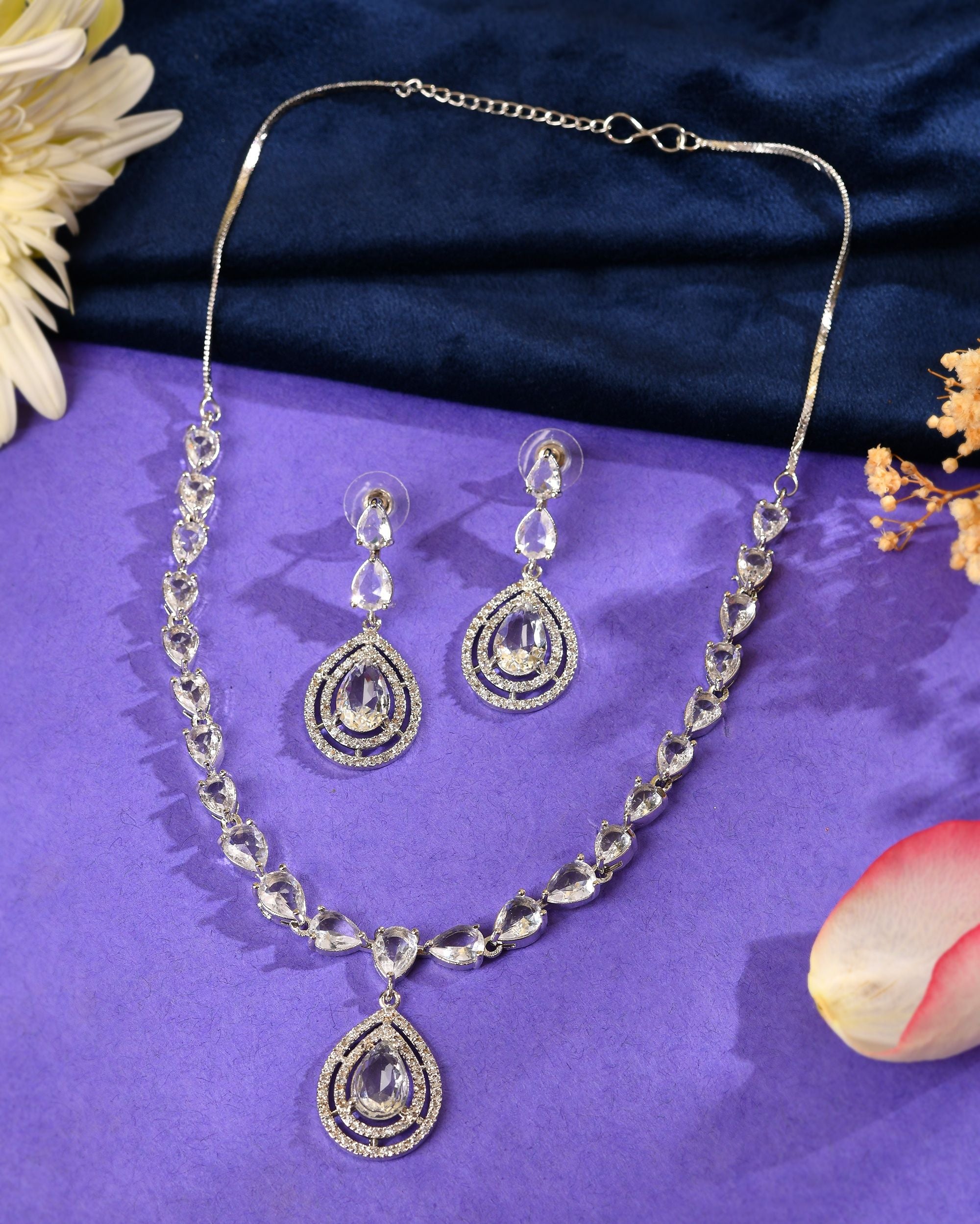 VOJ Silver Toned Tear Drop Shaped Stone Ad Necklace Set - Dista
