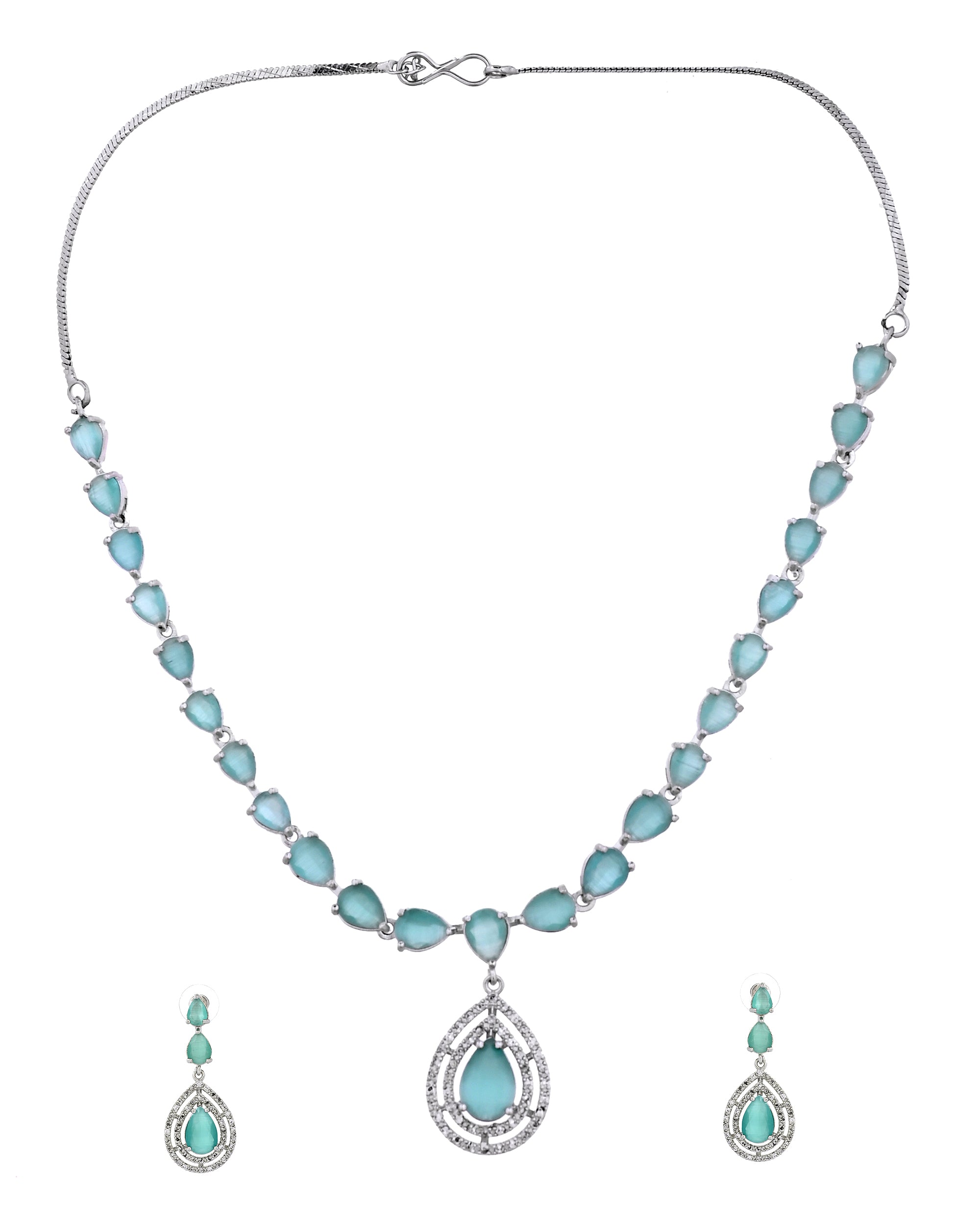 VOJ Silver Toned Teal Green Teardrop Shaped Stone Ad Necklace Set - Dista