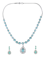 Thumbnail for VOJ Silver Toned Teal Green Teardrop Shaped Stone Ad Necklace Set - Dista