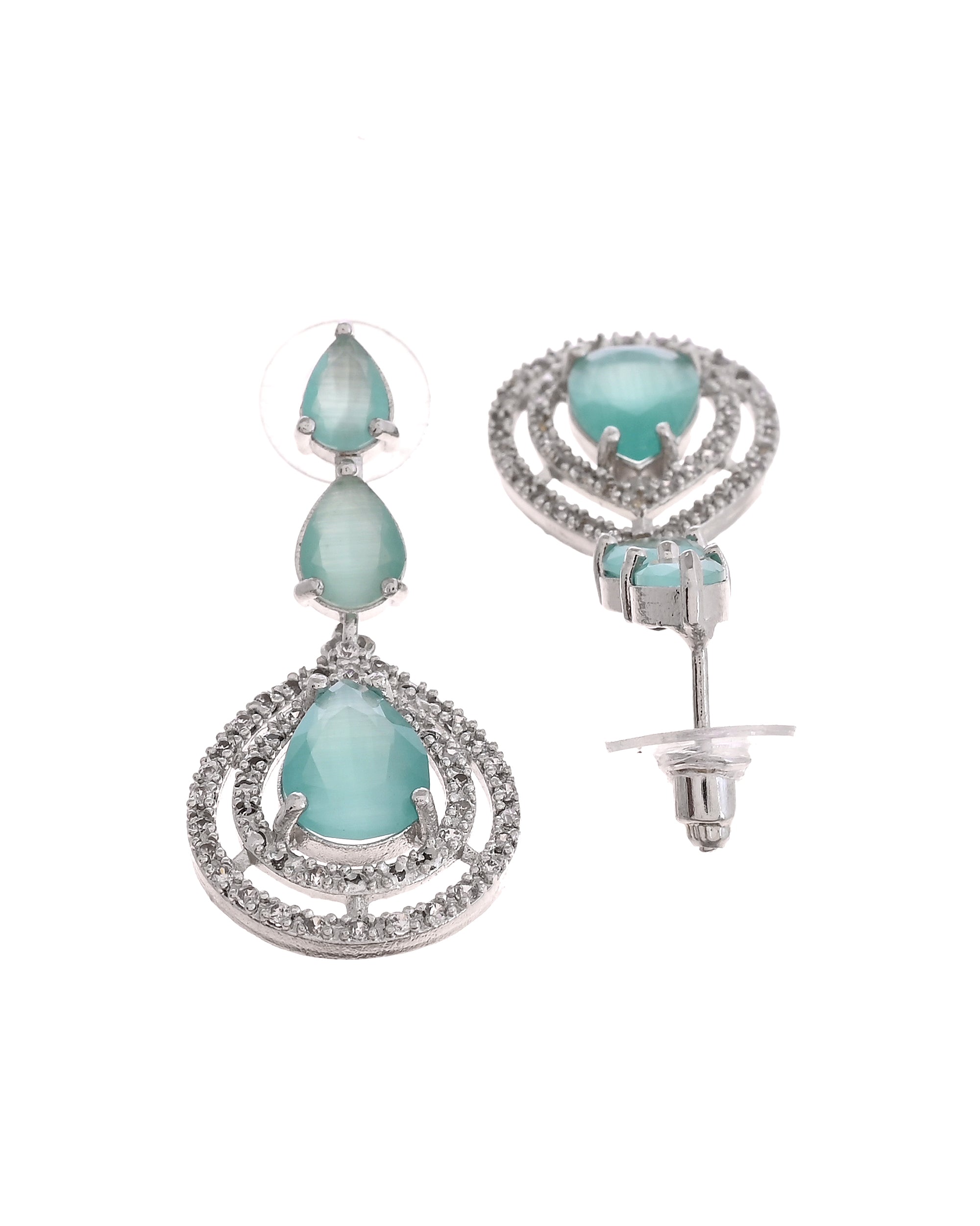 VOJ Silver Toned Teal Green Teardrop Shaped Stone Ad Necklace Set - Dista